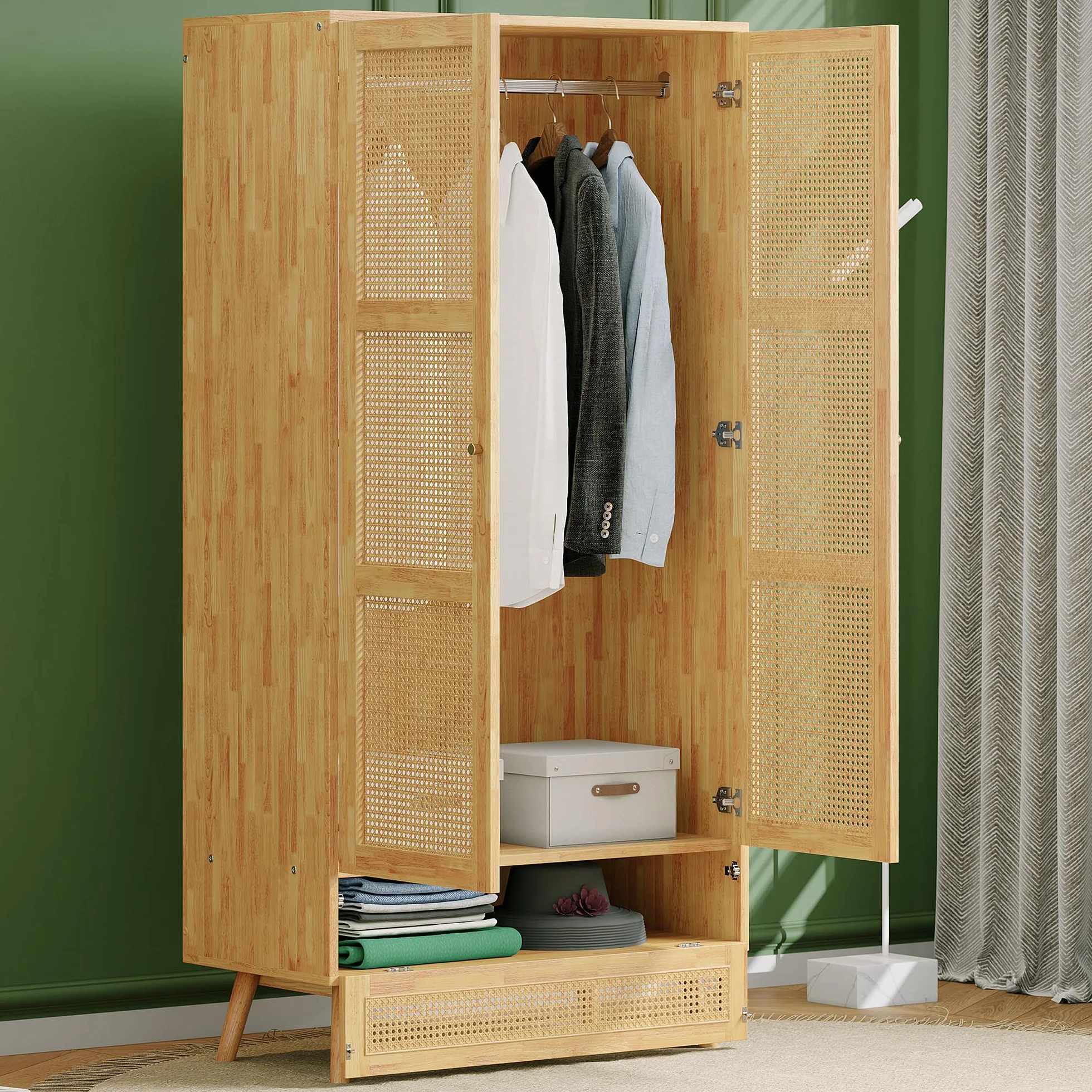 Idemon Armario con barra, armario de 2 puertas, dormitorio, red de ratán, sala de estar, con tapa inferior abatible, tableros de partículas+ratán de polietileno, natural