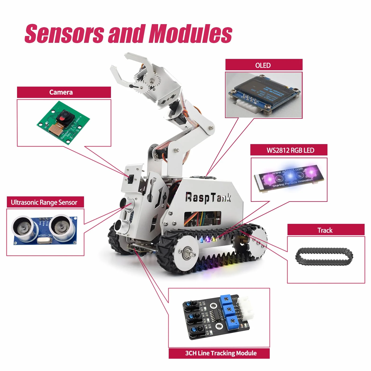 Adeept RaspTank - Kit de Coche Inteligente de Metal para Raspberry Pi 5/4B/3B/3B+ (Placa no incluida), Robot rastreado por Tanque con Brazo robótico de 4 DOF, prevención de obstáculos, Seguimiento de