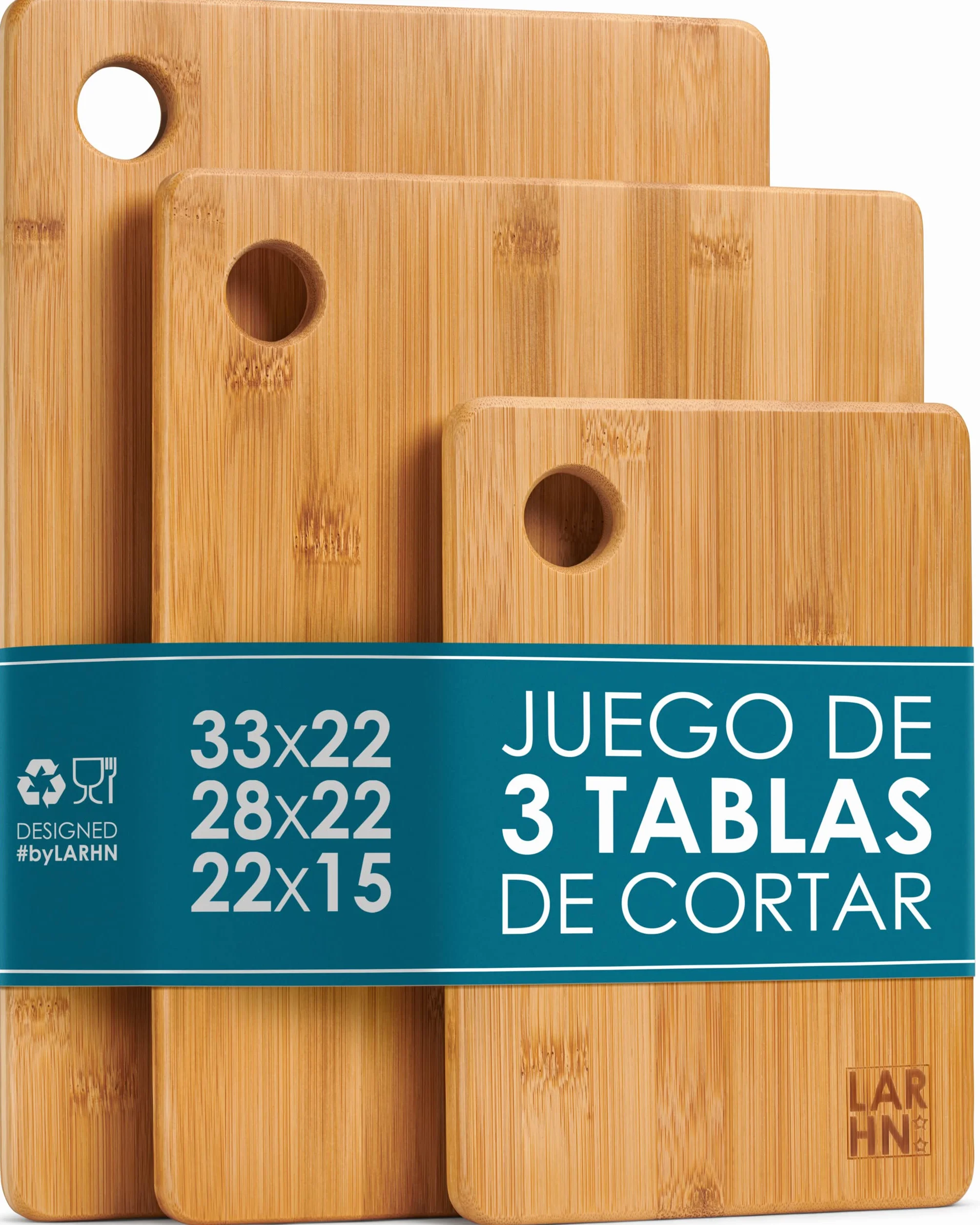LARHN. Tablas de Cortar Cocina en Madera de Bambú – 3 Tablas Extra Gruesas 1,5 cm – Tabla de Cocina 33x22 / 28x22 / 22x15 cm – Resistentes, Fáciles de Limpiar y Respetuosas con los Cuchillos