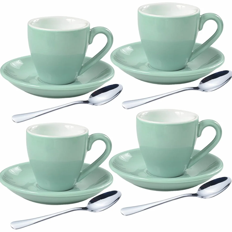 homEdge Juego de 4 tazas de café expreso de porcelana con platillos y cucharas, 80 ml, color verde menta