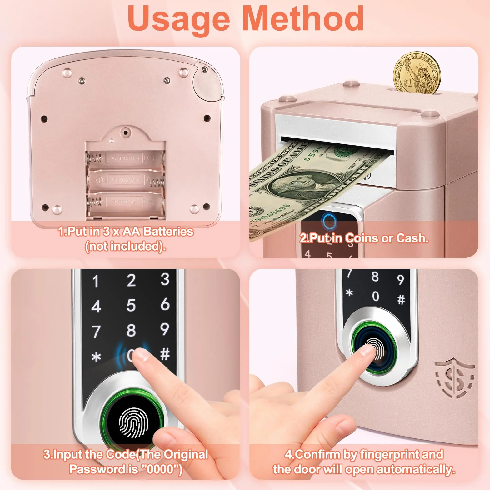Highttoy Hucha Caja Fuerte con Pantalla Táctil y Huella Dactilar, Cajero Automatico para Niños 3-12 Años, Oro Rosa