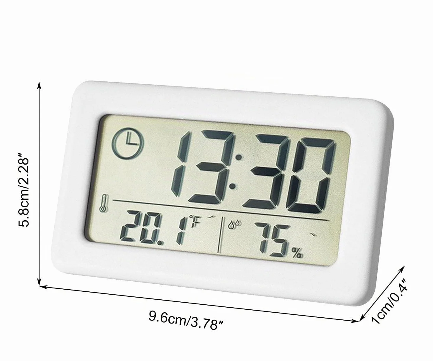 Termómetro Higrómetro Electrónico, Pequeño Reloj con Temperatura Humedad ℃/℉ Interruptor Batería Pantalla LCD 12/24 Horas Colgado Pie para Hogar Dormitorio