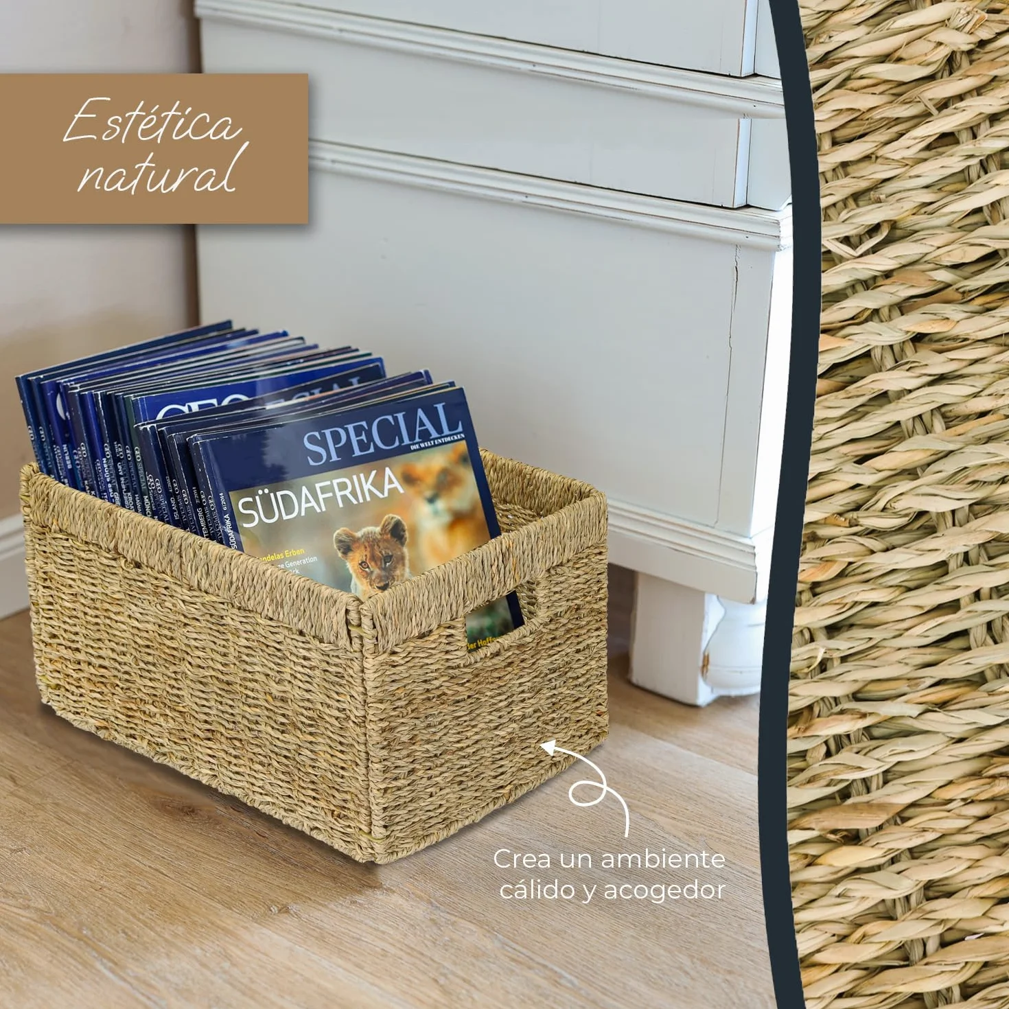 Cesta de almacenamiento compatible con estantería Billy, trenzada de hierba marina, juego de 2, 35 x 25 x 20 cm, Natural
