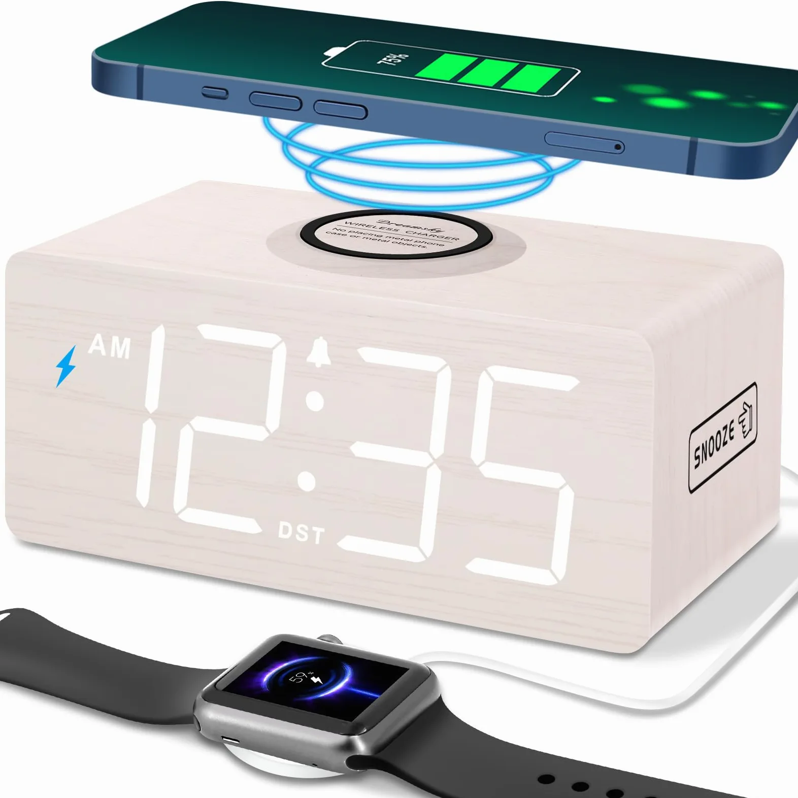 DreamSky Reloj despertador digital de madera con carga inalámbrica, mesita de noche con estación de carga, conexión USB, números grandes, volumen ajustable, atenuador de brillo, DST