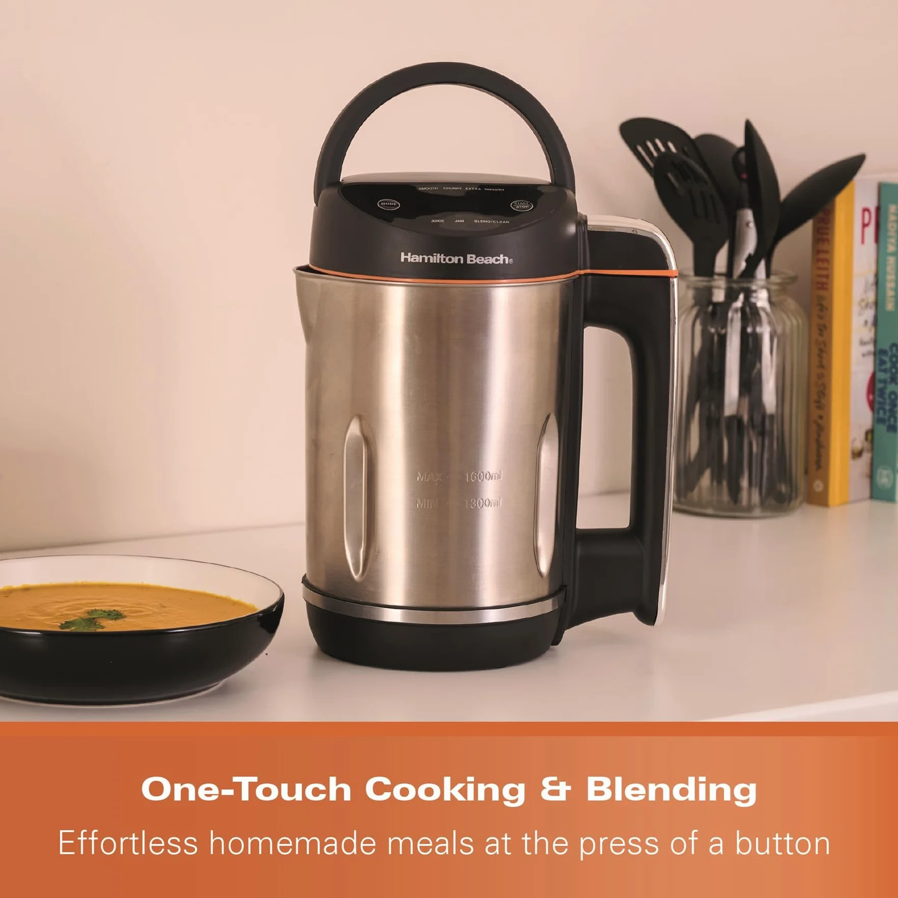 Hamilton Beach Máquina de sopa, licuadora de batidos y mermelada 3 en 1, 1.6 L, pantalla digital en ángulo de fácil lectura, sensor de agitación automática y derrame, hace 4-6 porciones de sopa, fácil