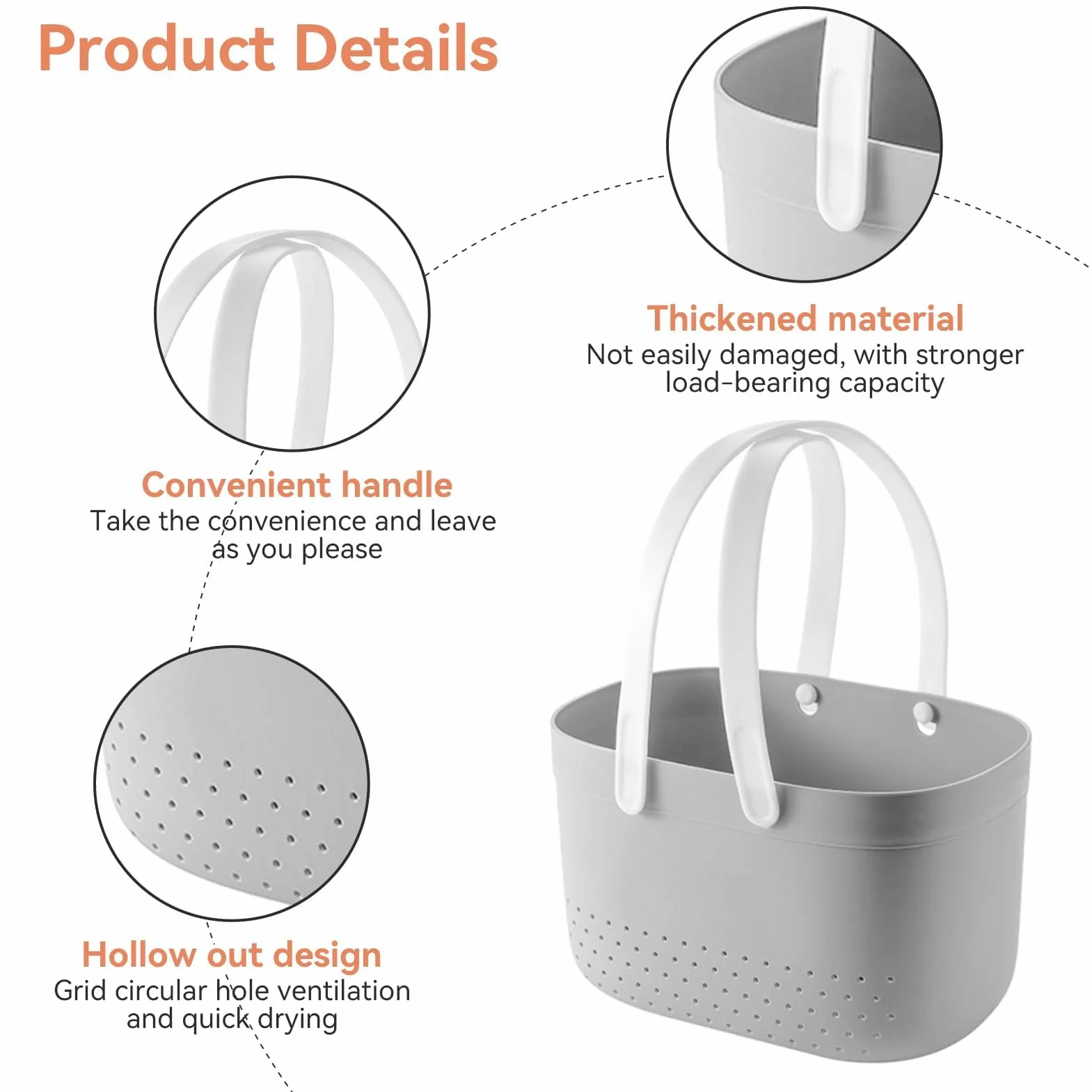 HERCHR Cesta Portátil para Carrito De Ducha, Cesta para Carrito De Ducha con Orificios De Ventilación, Cesta De Almacenamiento Portátil De Plástico De Gran Capacidad con Asas para Baño(Gris)