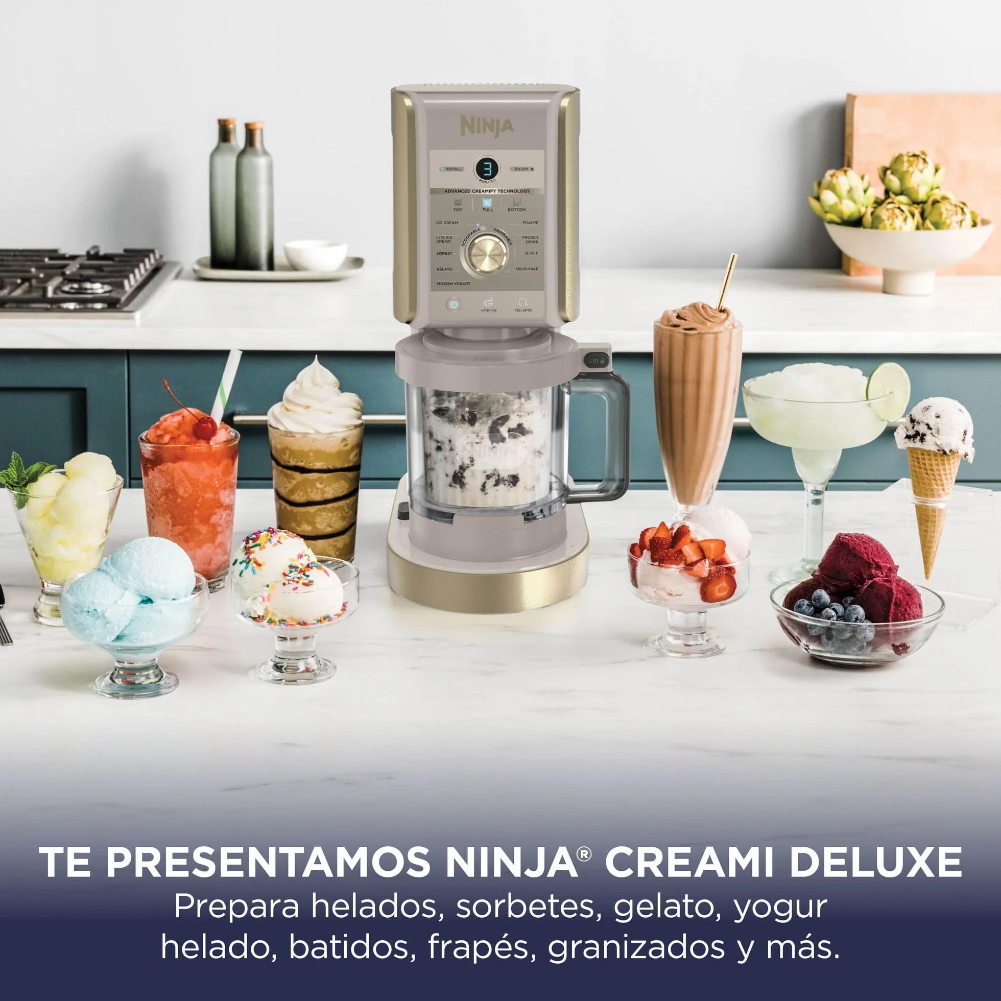 Ninja CREAMi Deluxe Heladera multifunción con 2 tarrinas, 10 programas, prepara Helado, Gelato, Sorbete, Yogur congelado, Batido, Granizado y más, opción de 2 sabores en 1, piedra dorada, NC502EUSTGD