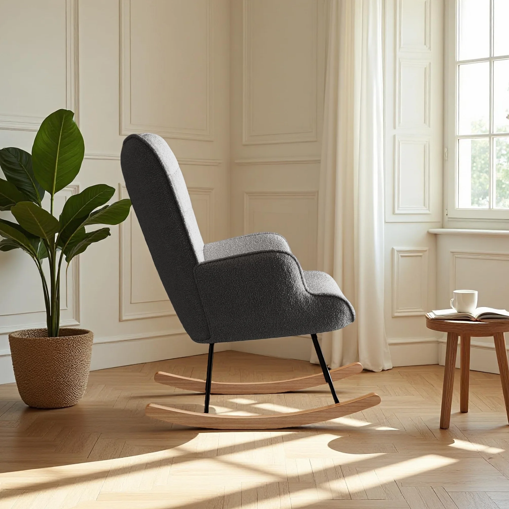 Sillón de lactancia con respaldo alto, mecedora de tela Teddy, gris oscuro