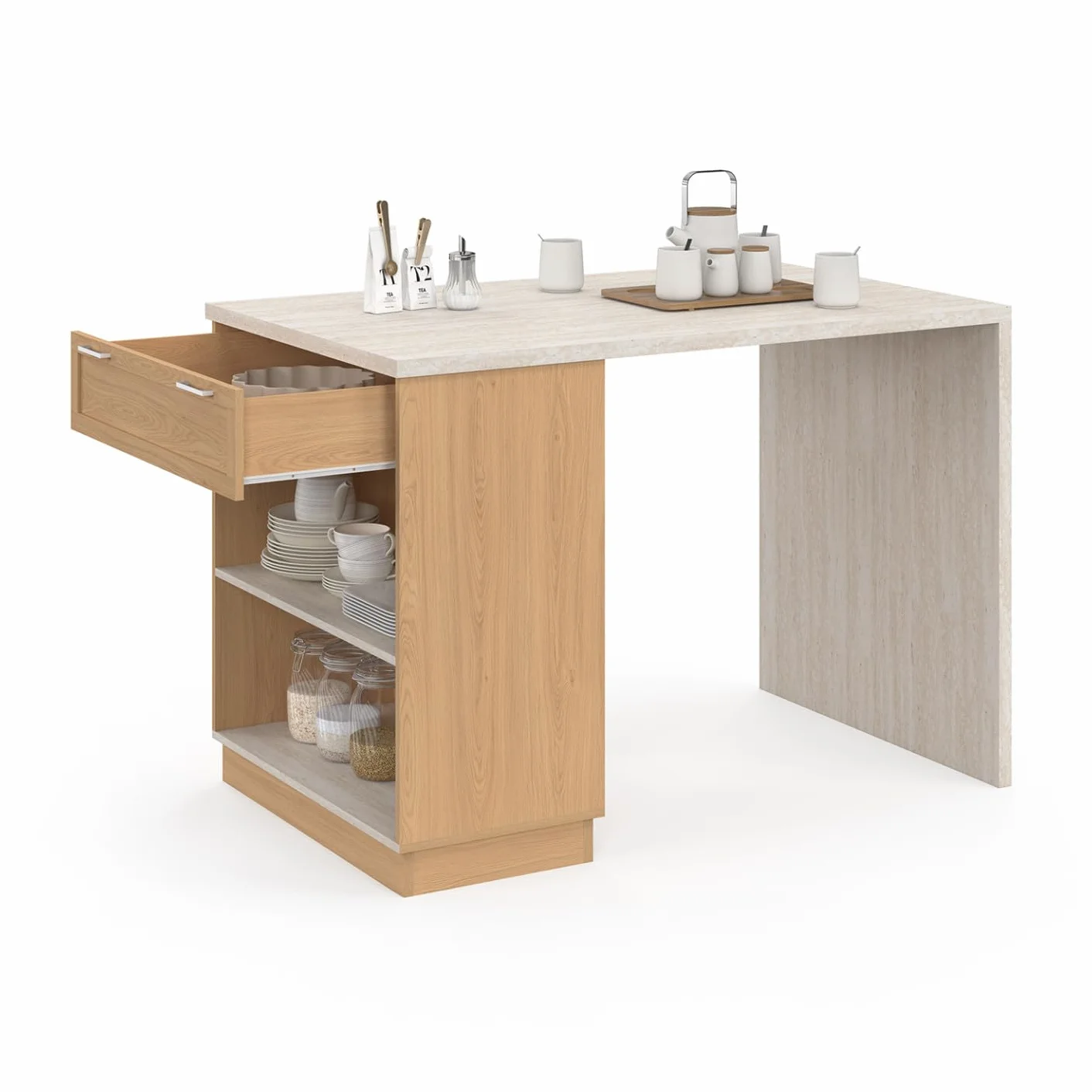 IDMarket – Ilot Central - Comedero de pie para 4 personas VITO 130 cm, madera y bandeja efecto travertino