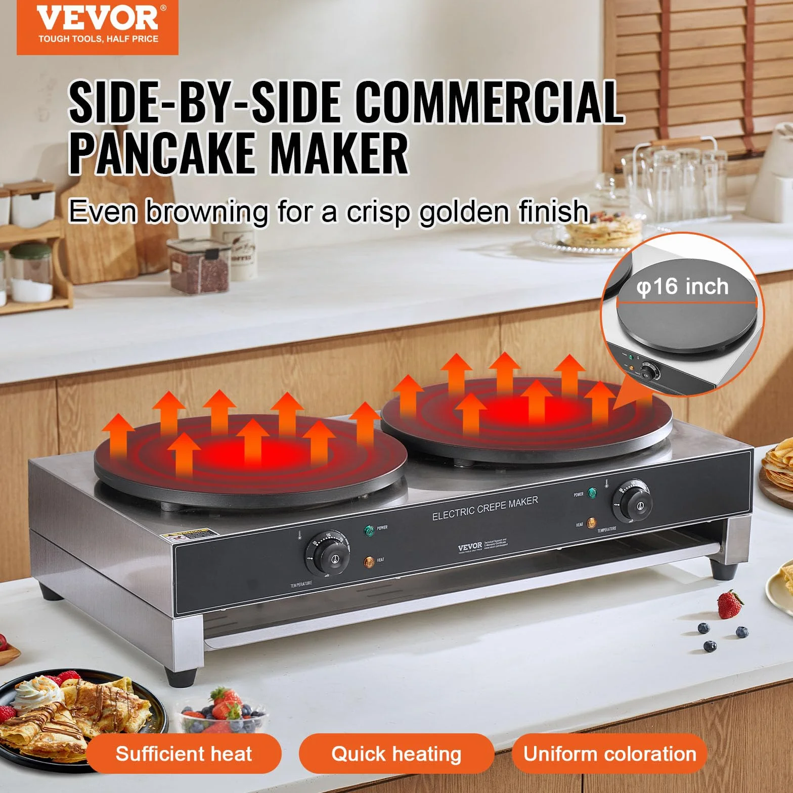 VEVOR Máquina de Crepes Comercial de Doble Cabezal de Placa Plana 6000 W, Antiadherente, Acero Inoxidable, Estufa Circular de Escritorio Panqueques y Cereales, Control Temperatura, (Sin Enchufe)