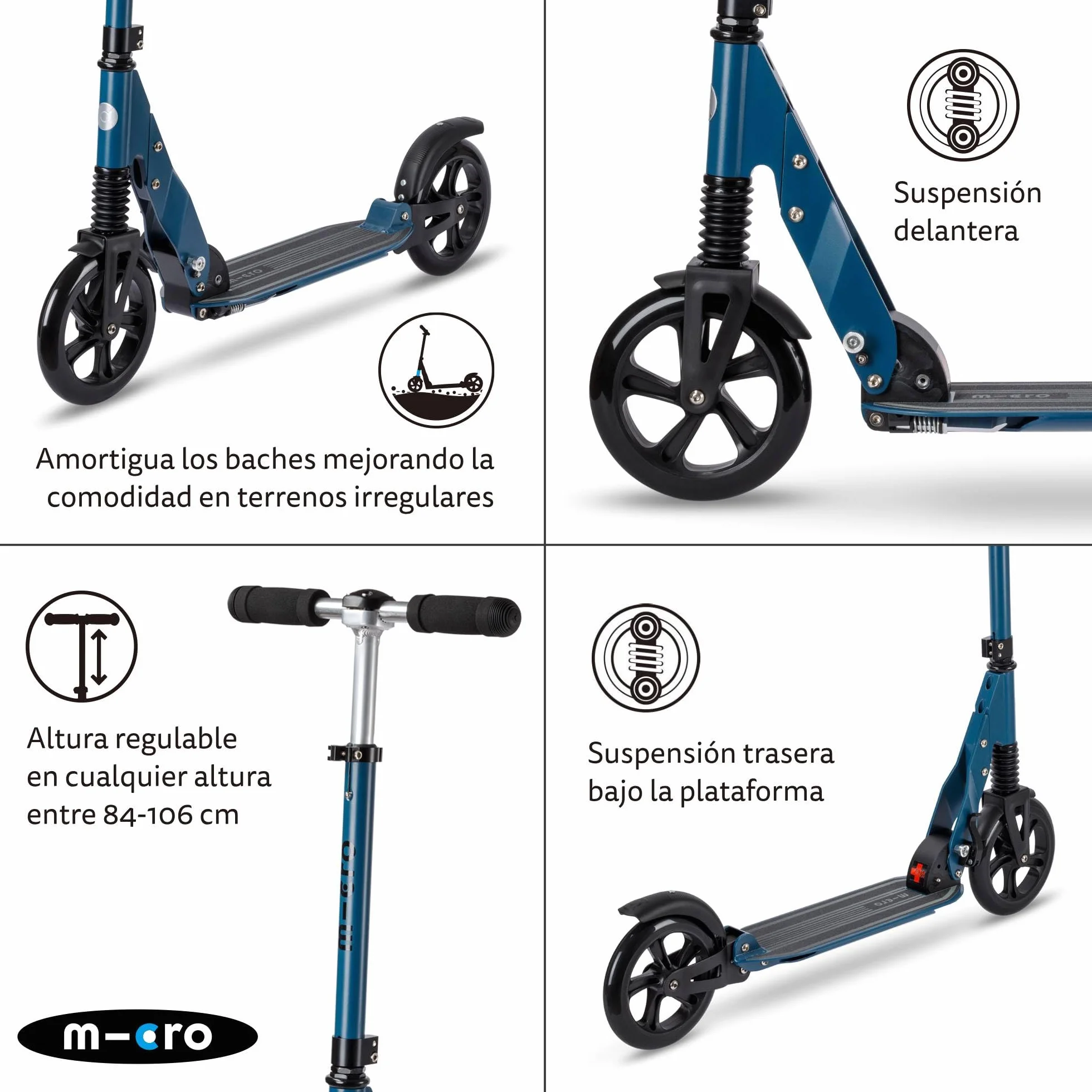 Patinete Plegable Micro® Suspension Amortiguación Delantera y Trasera Ruedas 200mm PU