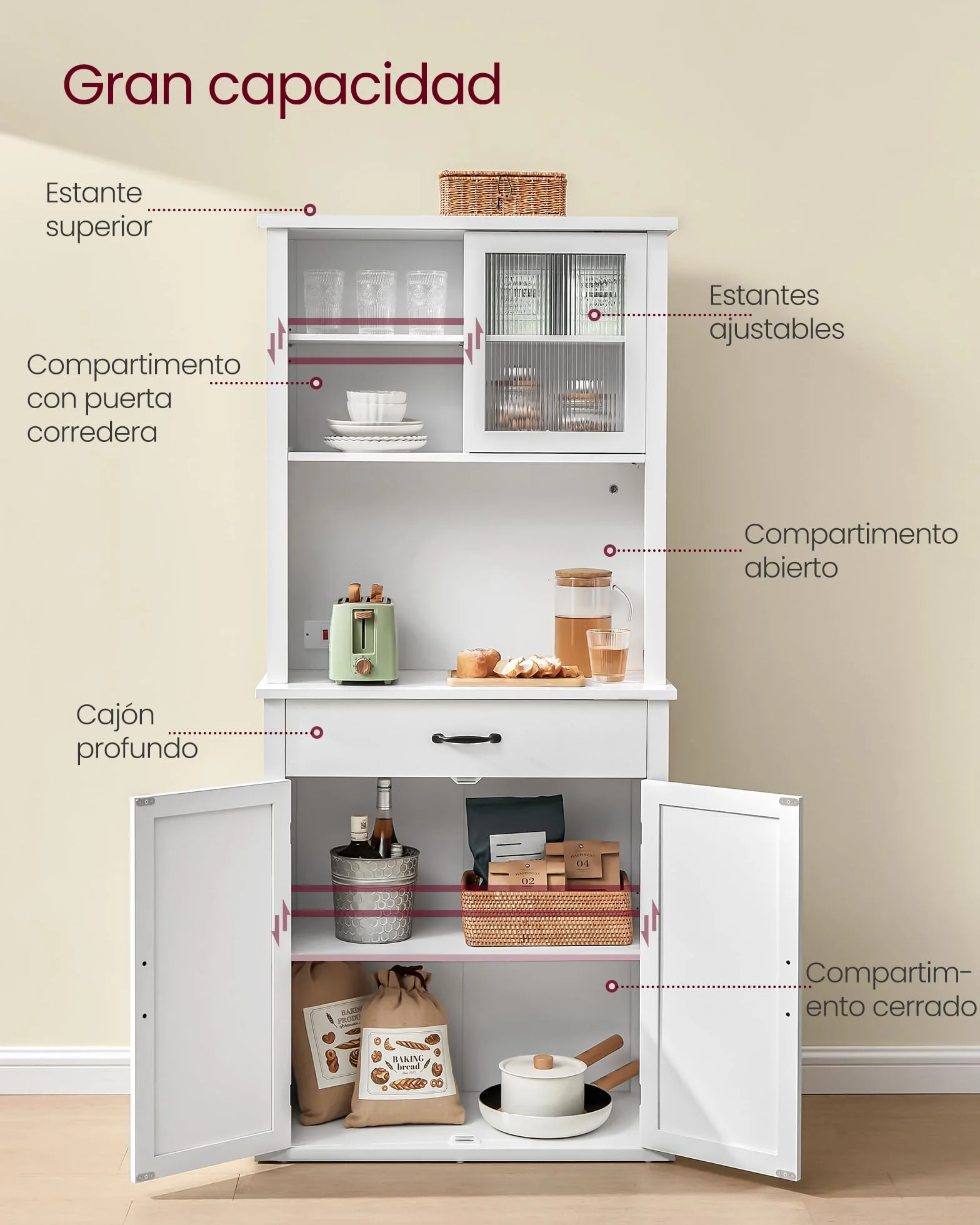 VASAGLE Armario con Luces y Cargador, Armario de Cocina, con Puertas y Cajones, 39,5 x 80,4 x 180,6 cm, Estantes Ajustables, Estilo Rústico, Blanco Nube BBK363W21
