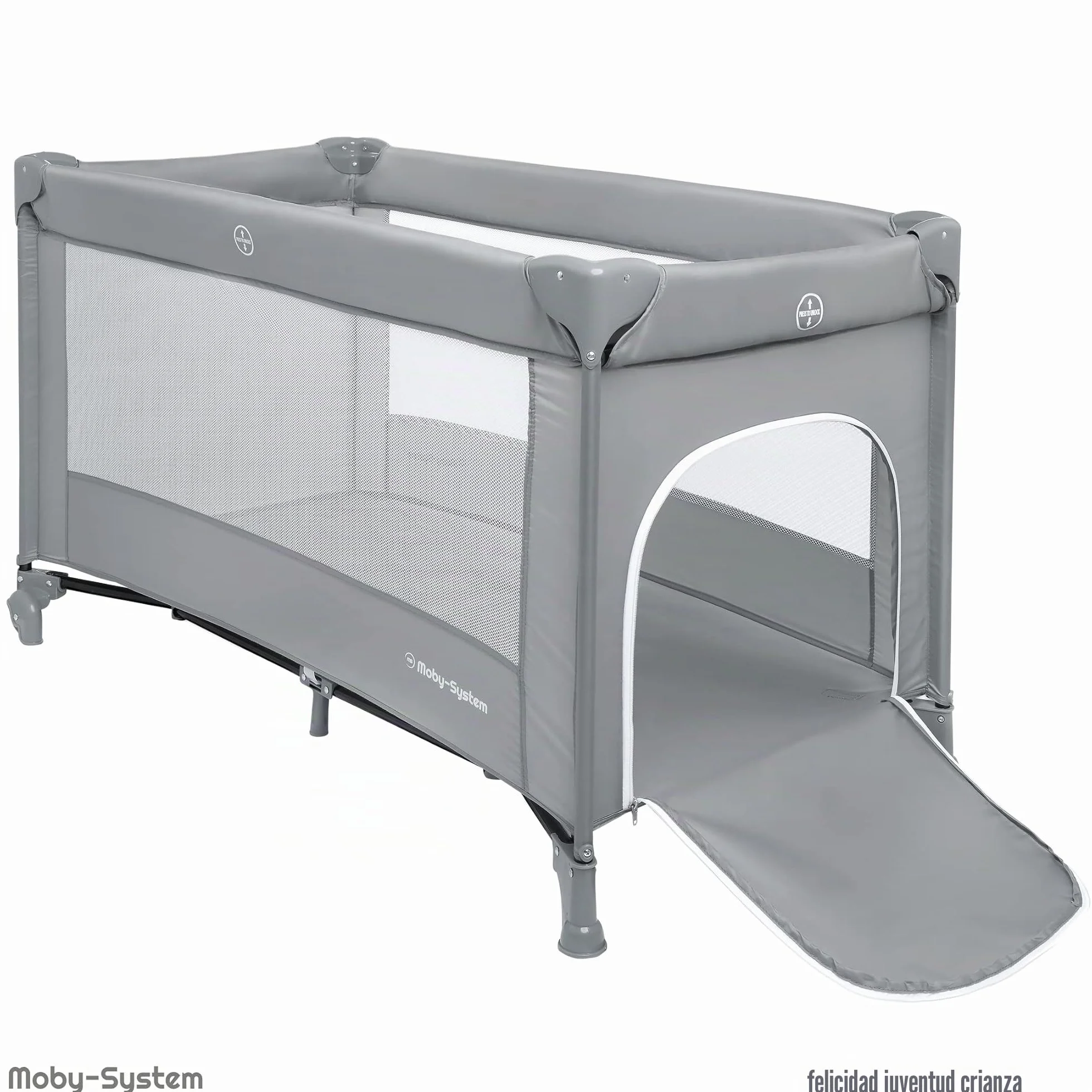 Moby-System Cuna de Viaje para Bebé – Parque Cuna 2 en 1 con Colchón Plegable, 2 Alturas, Ruedas con Freno y Bolsa – Cuna Plegable con Entrada Lateral y Cambiador