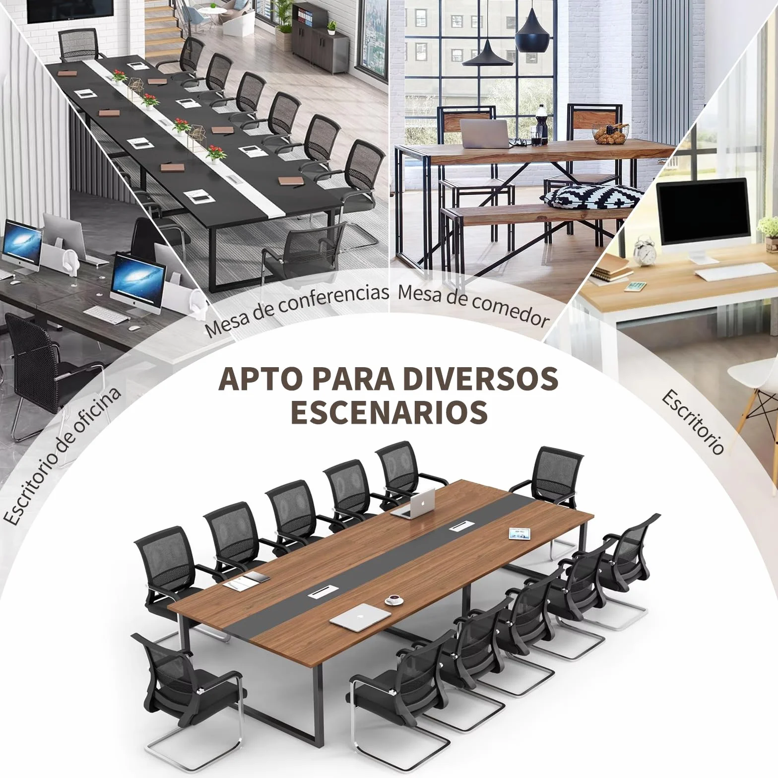 Mesa de Reuniones Grande, Mesa de Conferencias Moderna con Conducto para Cables y Estructura de Metal Negro, Rectangular, para 8-12 Personas, Ideal para Oficina y Sala de Seminarios