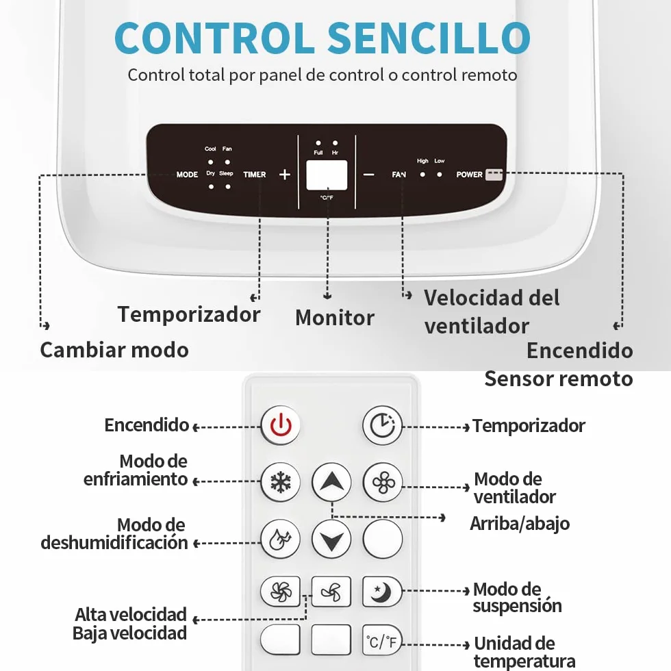 SHINCO 9000BTU Aire Acondicionado Portátil con Función 3 en 1, Aire acondicionado, Deshumidificador, Ventilador, Modo de suspensión, Para máximo de 22㎡, Temporizador de 24 horas, Kit de Ventana