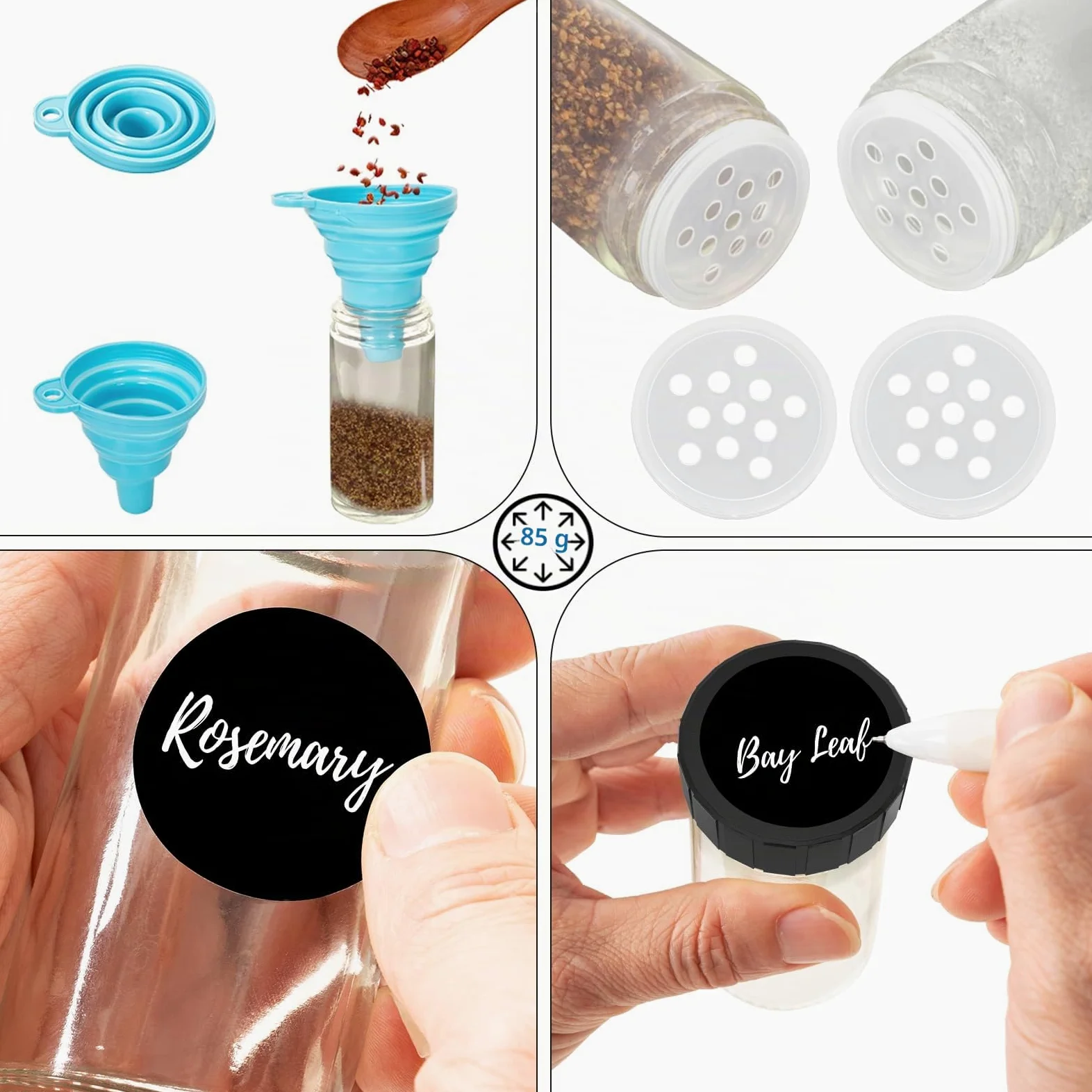 Estante giratorio de especias con 20 vasos de especias,Acero inoxidable | Estante giratorio, Con pegatinas, Funda plegable, Para placa de trabajo o armario