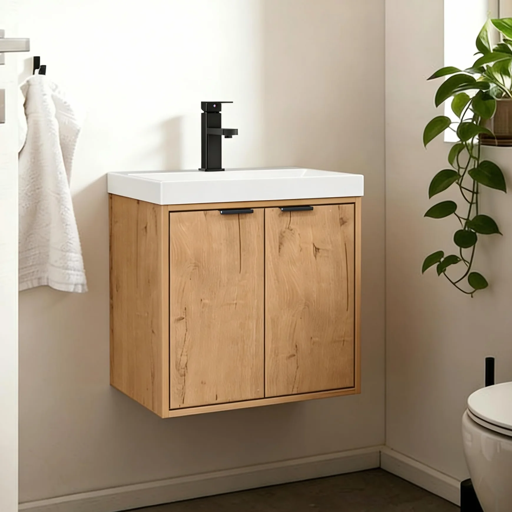 UEV Mueble de Baño con 2 Puertas y Lavabo de Resina, Mueble de Baño Suspendido con Diseño único y Práctico, Conjunto de Muebles con Motivo en Relieve, 49 x 37,5 x 50, Natural
