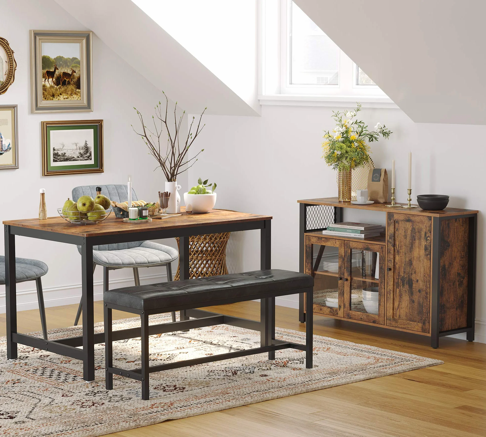 VASAGLE Aparador, Armario de Cocina, Armario de Almacenaje, con 3 Puertas, para Salón, Cocina, Comedor, 33 x 110 x 75 cm, Estilo Casa de Campo, Marrón Rústico y Negro LSC096B01