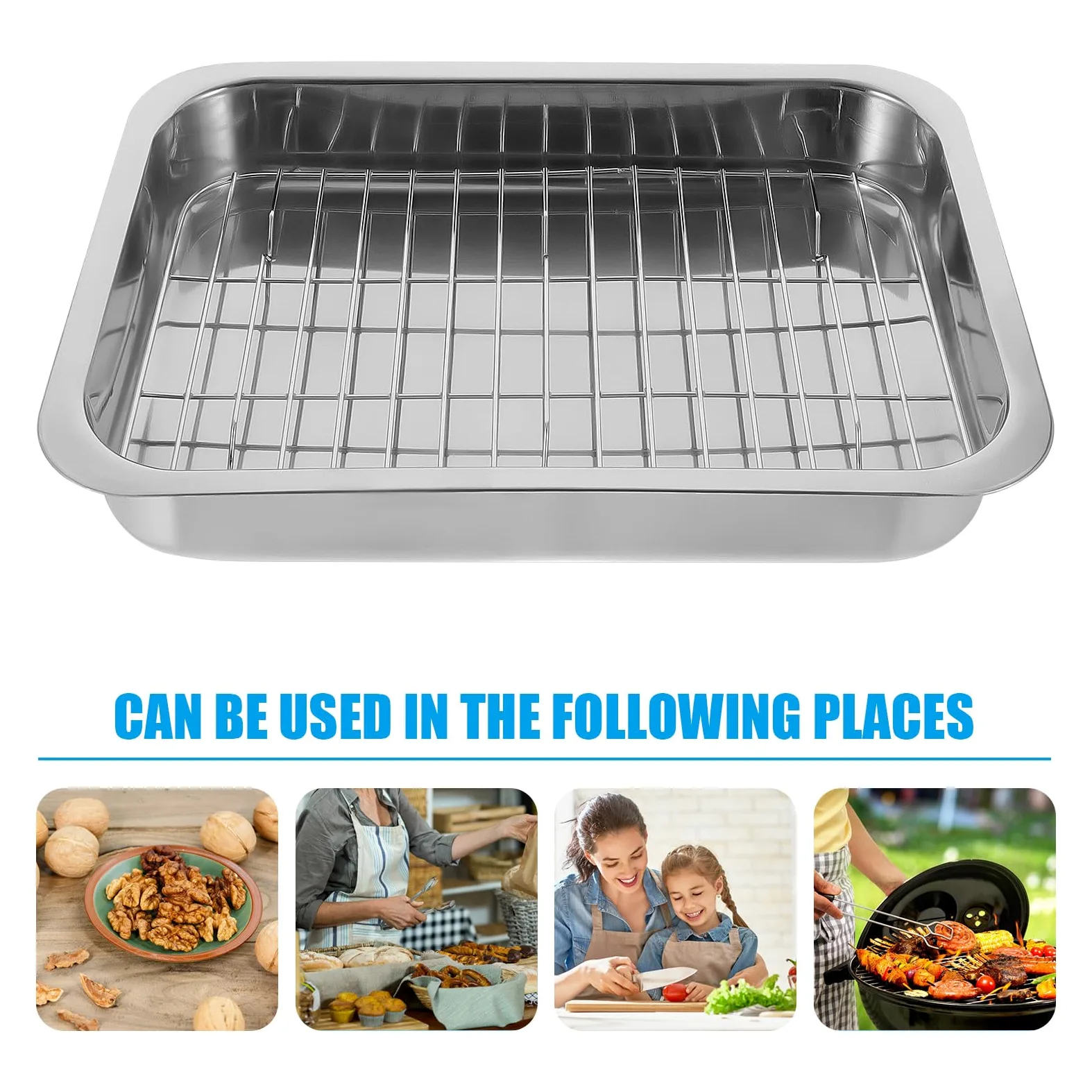 OSALADI Fácil de Limpiar y Operar Bandeja Rectangular para Hornear de Acero Inoxidable con Rejilla Adecuado para Colecciones Personales y Fiestas