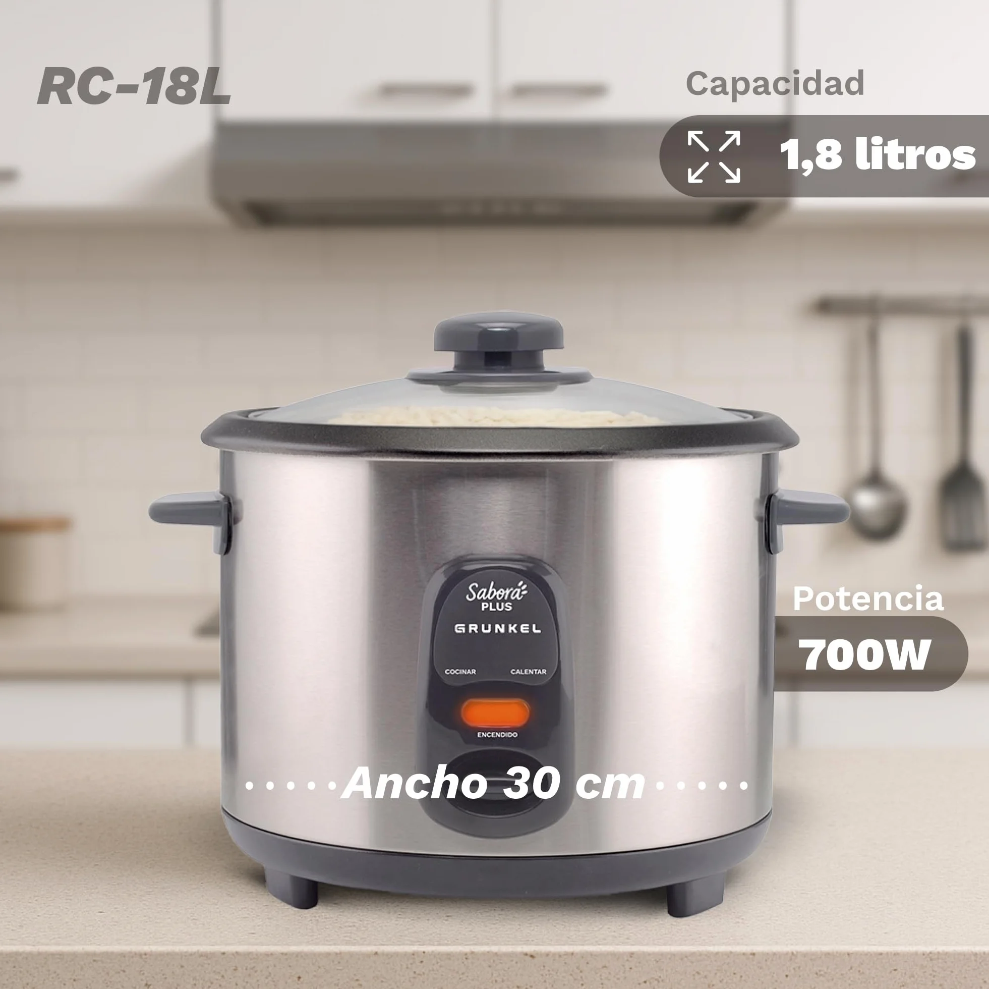 GRUNKEL - Arrocera Eléctrica RC-18L 700W | Capacidad 1,8 Litros | Función Mantener Calor | Cubeta Antiadherente | Exterior Acero Inoxidable | Indicadores Luminosos