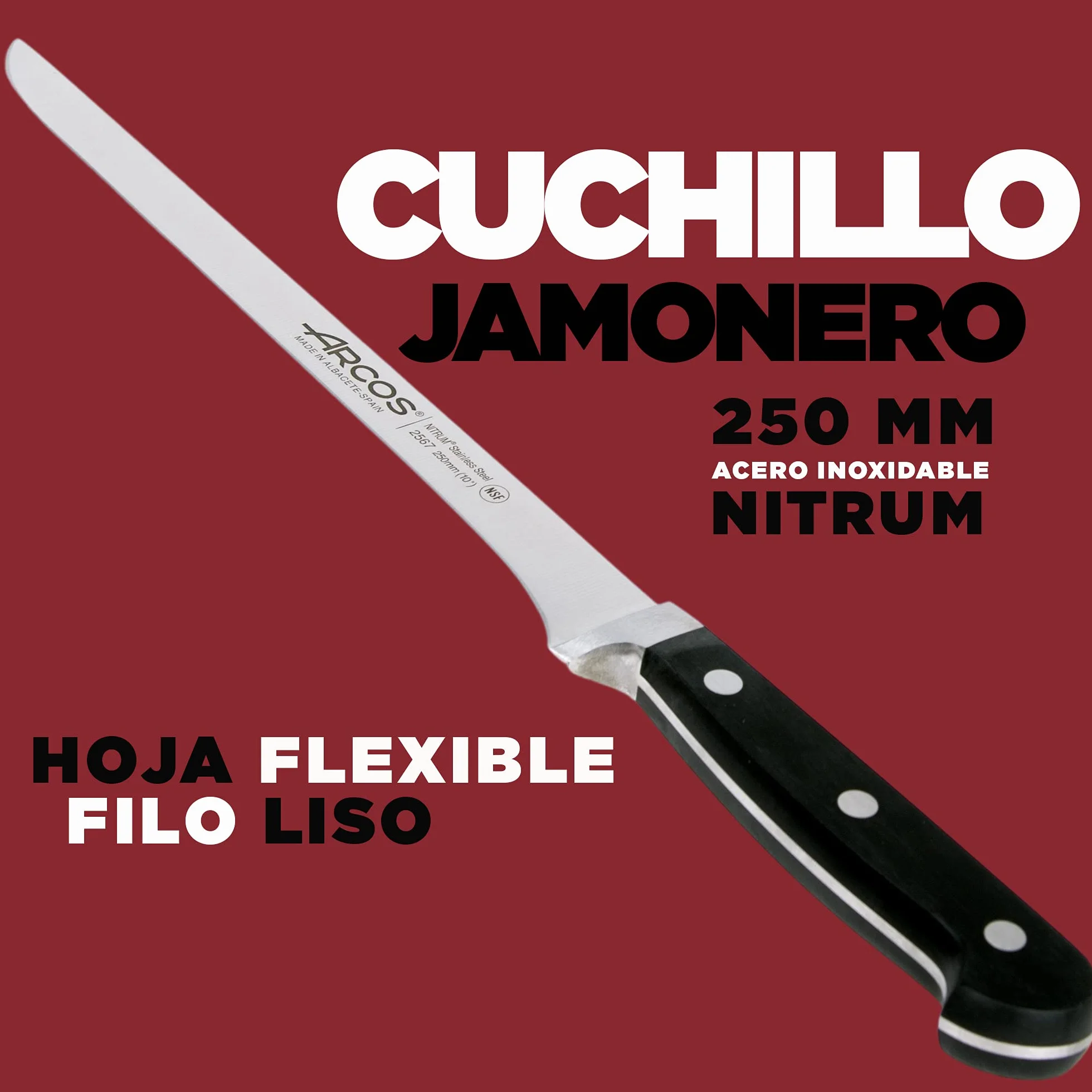 Arcos | Cuchillo Jamonero Cuchillo deshuesador | 2 Uds | Set cuchillos jamoneros 250 mm y cuchillo deshuesador (140 mm) jamonero profesional | cuchillo carnicero profesional | Eco