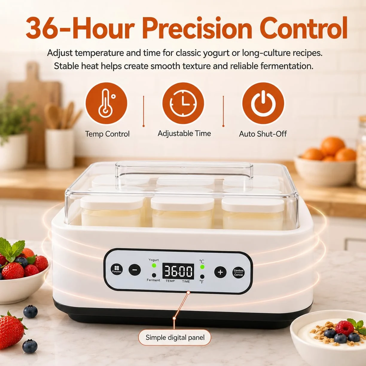 Yogurtera automática de 1000ML con 6 tarros, Control de Temperatura y Tiempo Ajustable de 36 Horas, fácil Limpieza, para Postre Griego casero