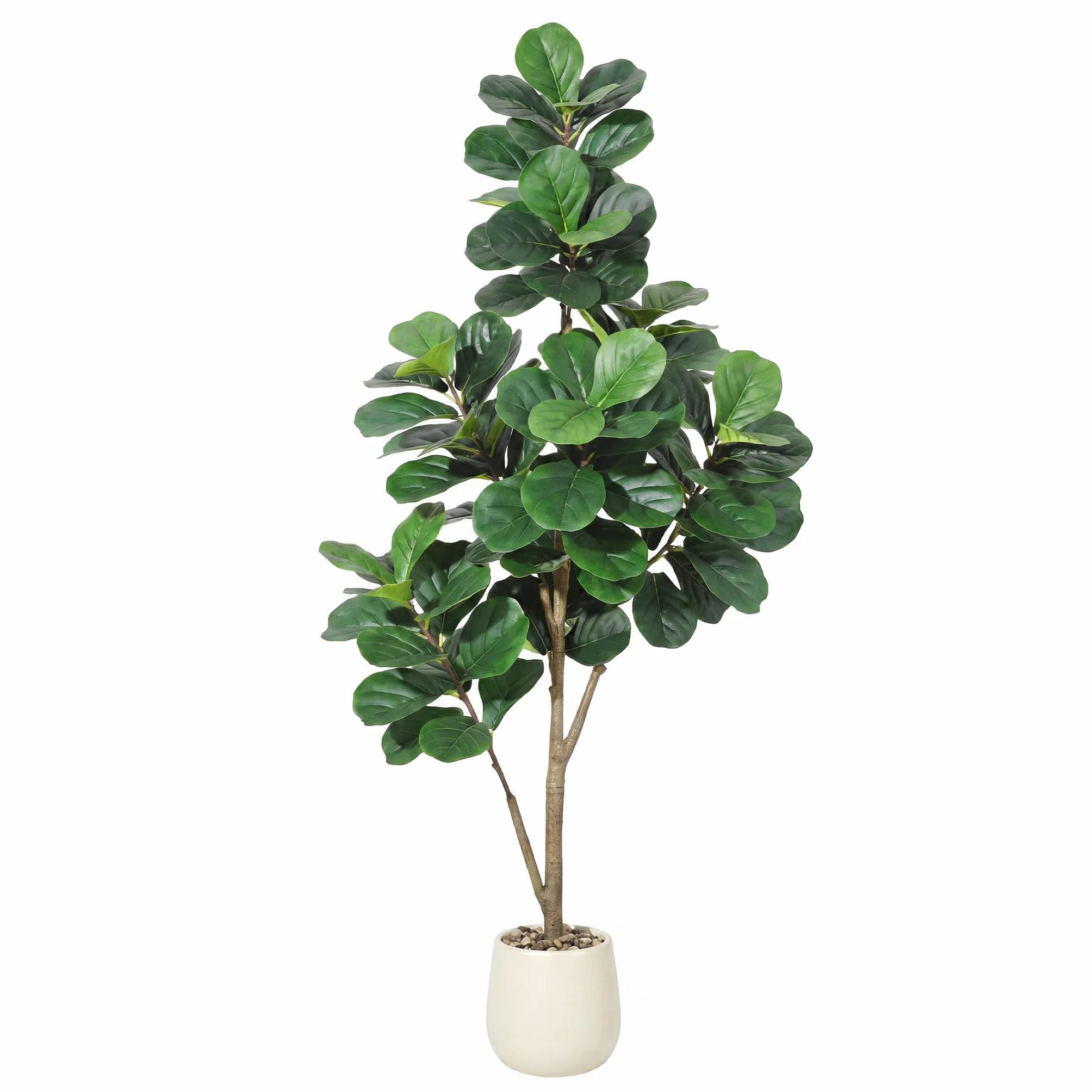 GarveeHome Árbol Artificial de Figueroa con Hojas en Forma de violín Realista – Ficus lyrata Falso Realista con 108 Hojas – Planta Decorativa para Interiores, 180 cm, Piedra con Flores Blancas