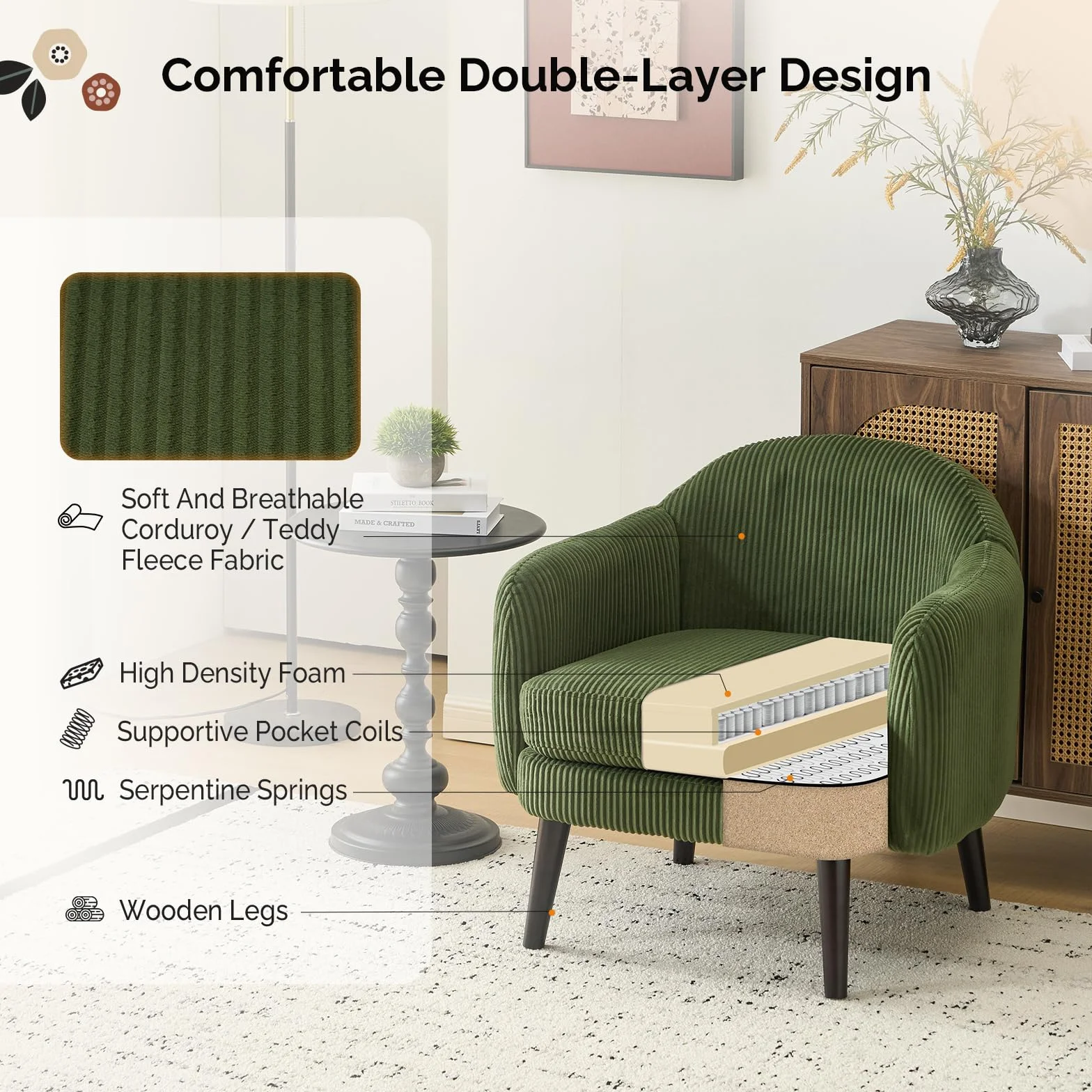 Bonnlo Butaca Tapizada de Pana Moderna, Sillón Individual de Lectura con Reposabrazos, Patas de Madera, Sillón Auxiliar para Salón y Dormitorio, Estilo Nórdico (Verde Oscuro)