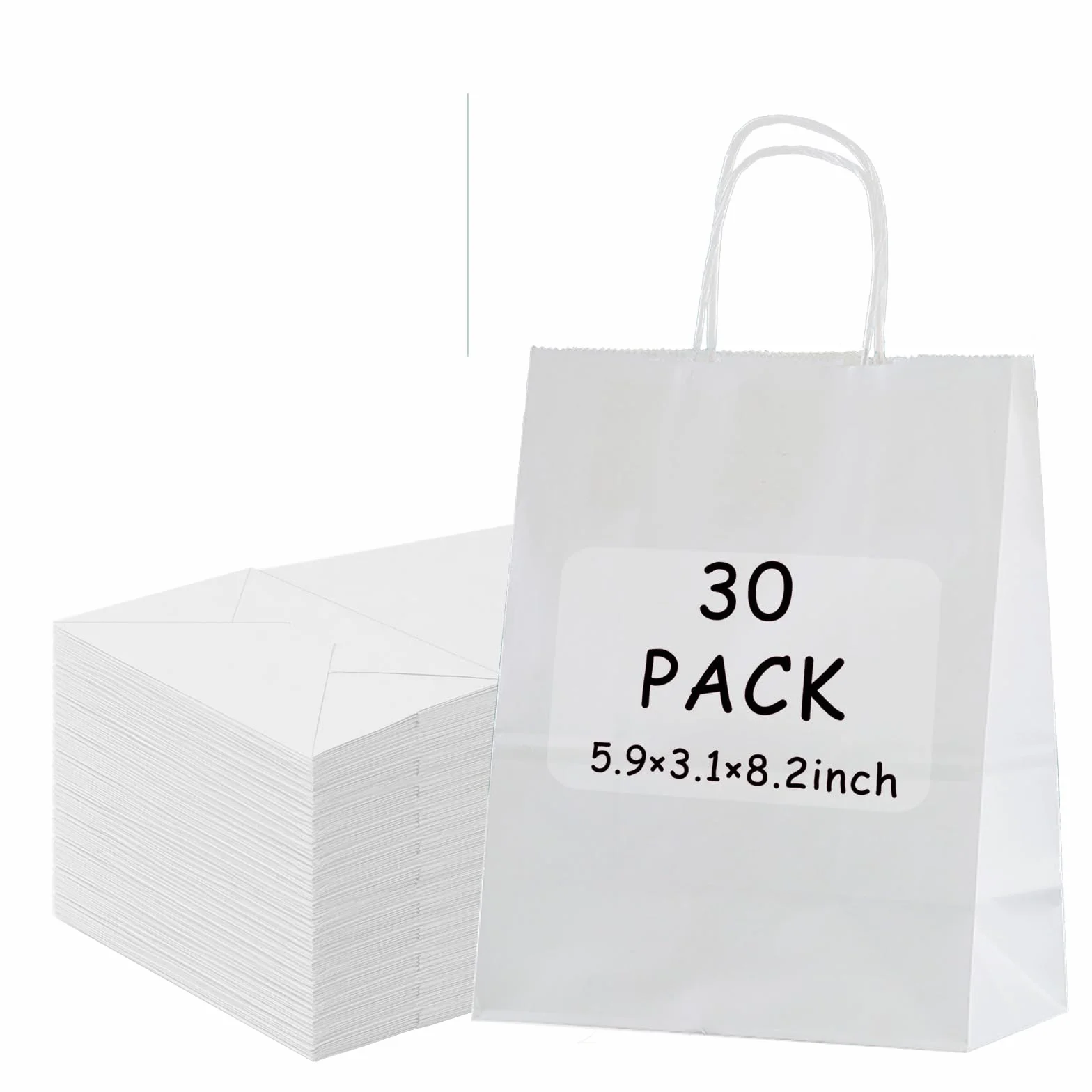 POPOYU 30 bolsas pequeñas de papel para fiestas con asas, 15 x 8 x 21 cm, bolsas de regalo de papel blanco para fiestas de adultos, cumpleaños, bodas, Navidad, Halloween, baby showers, despedidas de
