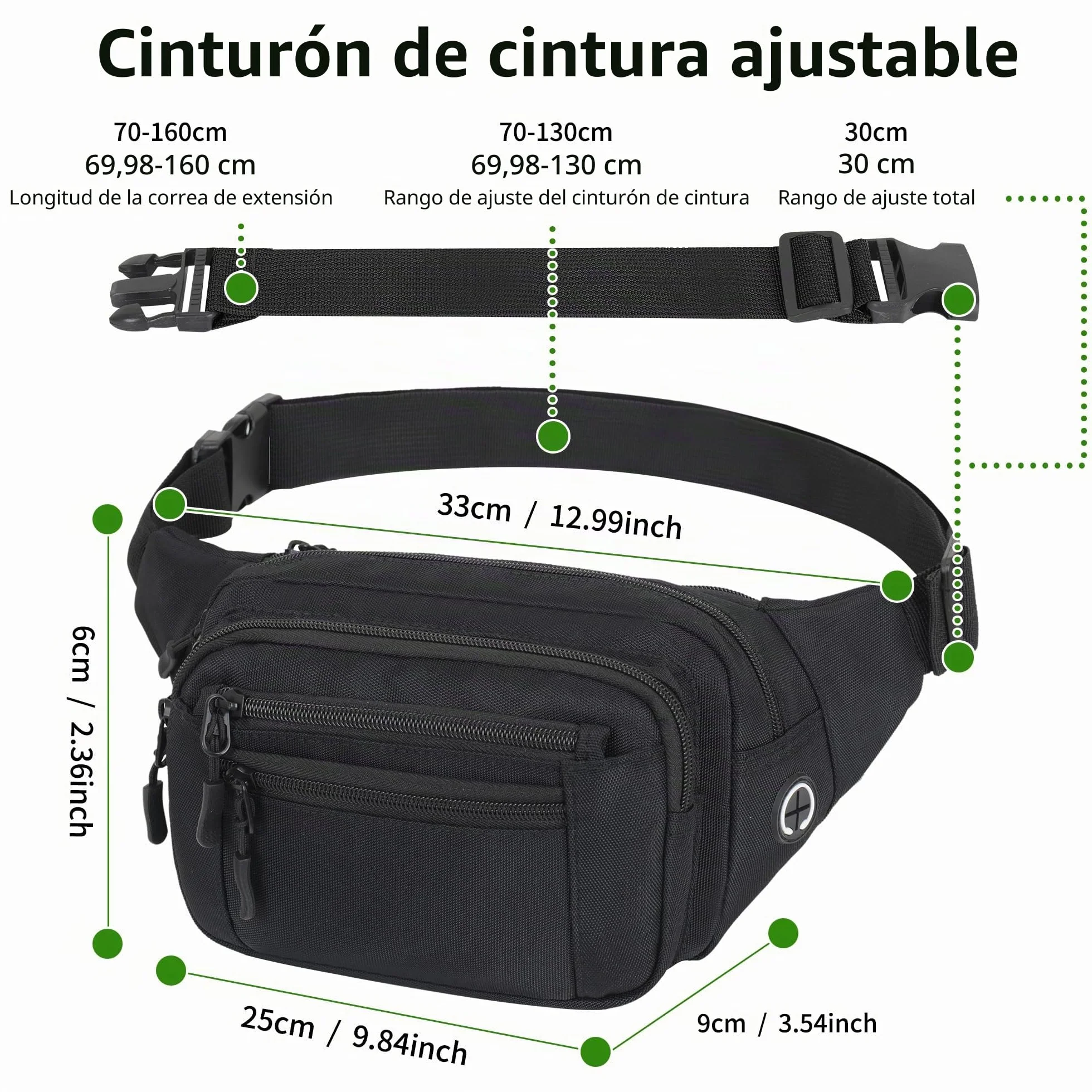 Riñonera Deportiva Unisex con Cinturón Ajustable 30 cm 6 Bolsillos Cremallera Negro