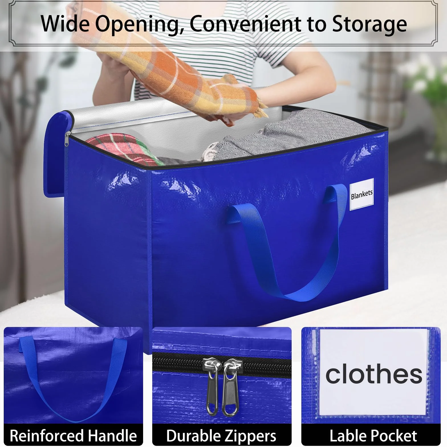 Withosent 100L Grande Bolsa de Almacenamiento, 10 Piezas Impermeable Bolsas de Mudanza con Cremallera y Asa, Bolsas para Guardar Ropa Edredones, Alternativa a las Cajas de Mudanza, Azul