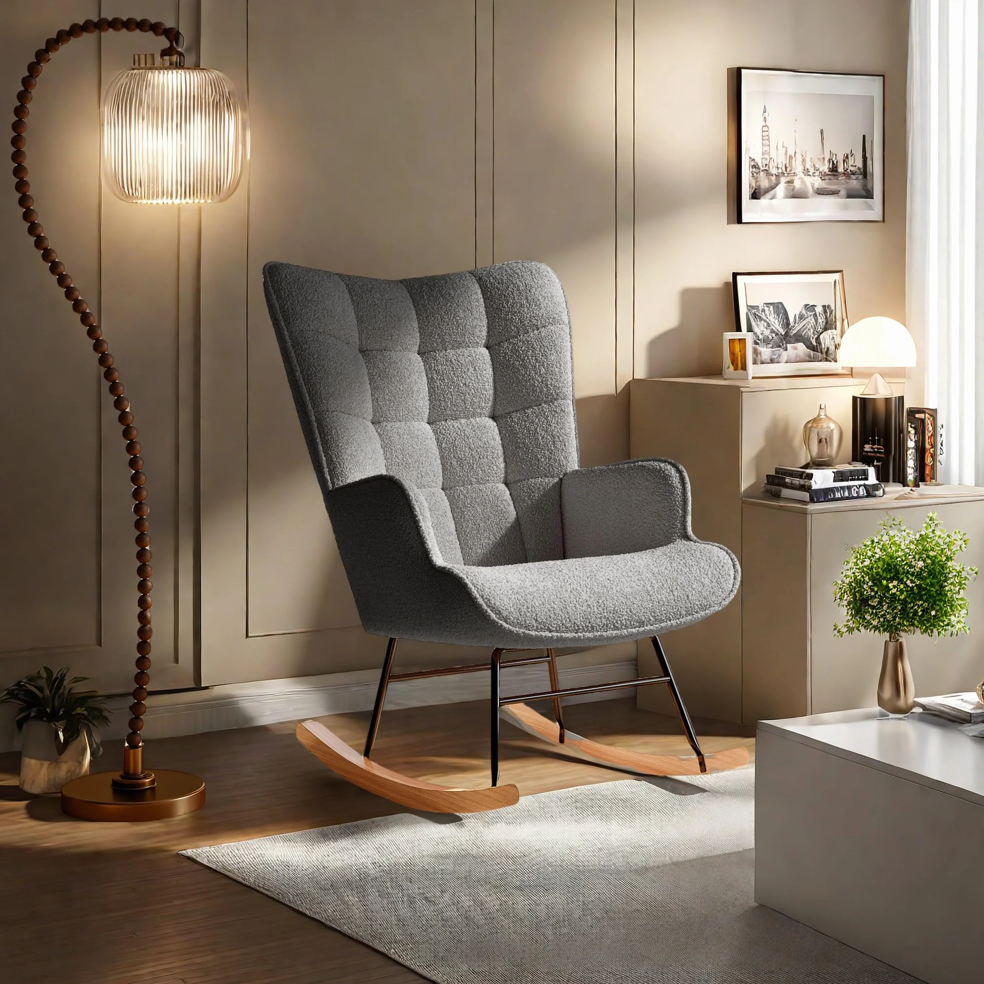 Sillón de lactancia con respaldo alto, mecedora de tela Teddy, gris oscuro