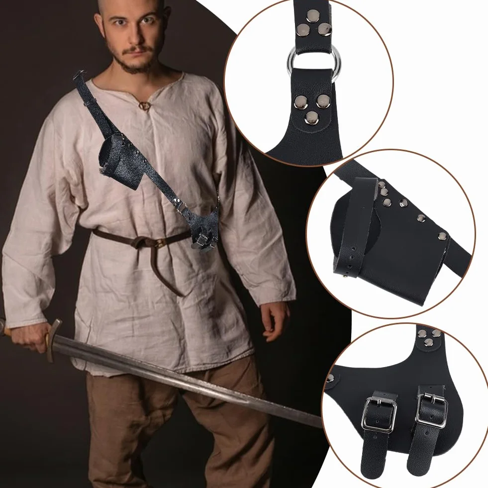 GORGECRAFT Ajustable Negro Cinturón de Vaina de Espada de Cuero con Funda de Daga Pirata Medieval Correa de Hombro Soporte de Funda Accesorio de Tela Larp para Cosplay