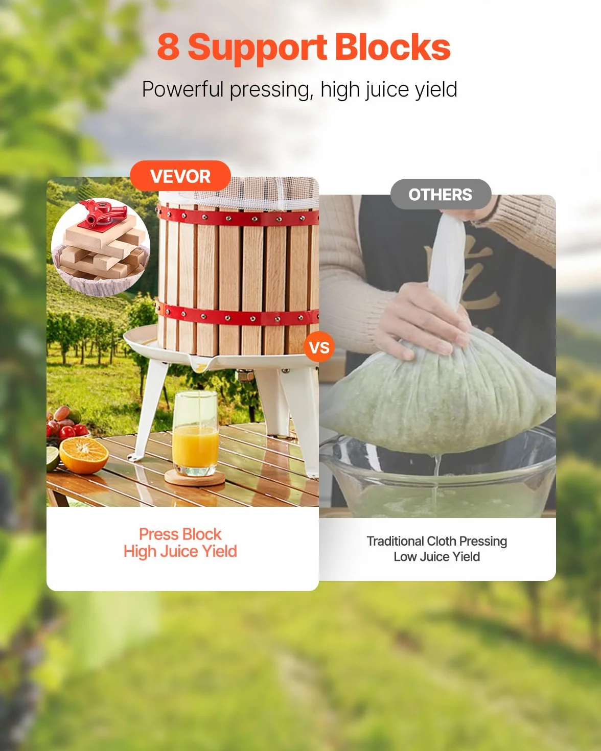 VEVOR Prensa de Vino de Frutas 18 L, Cesta de Madera Maciza con 8 Bloques, para Hacer Sidra, Manzana, Tintura, Miel, Aceite de Oliva con Mango para Cocina, Hogar, 640 x 370 x 705 mm, Vertical