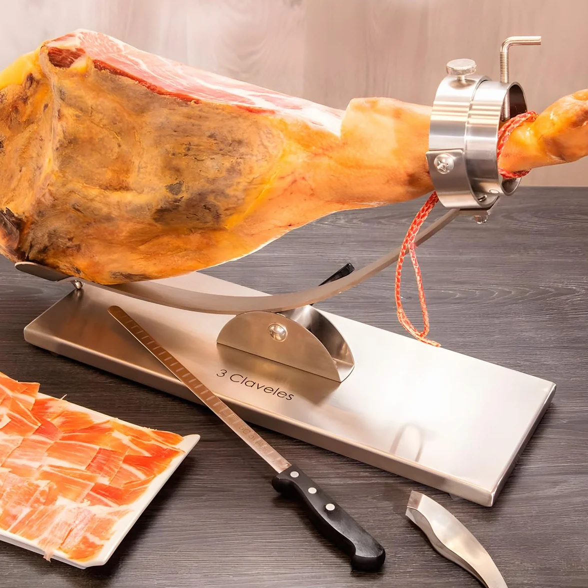 PracticDomus 3 Claveles Cuchillo Jamonero Estrecho, Alveolado, Acero Inoxidable, Mango Pom Negro, 29 cm