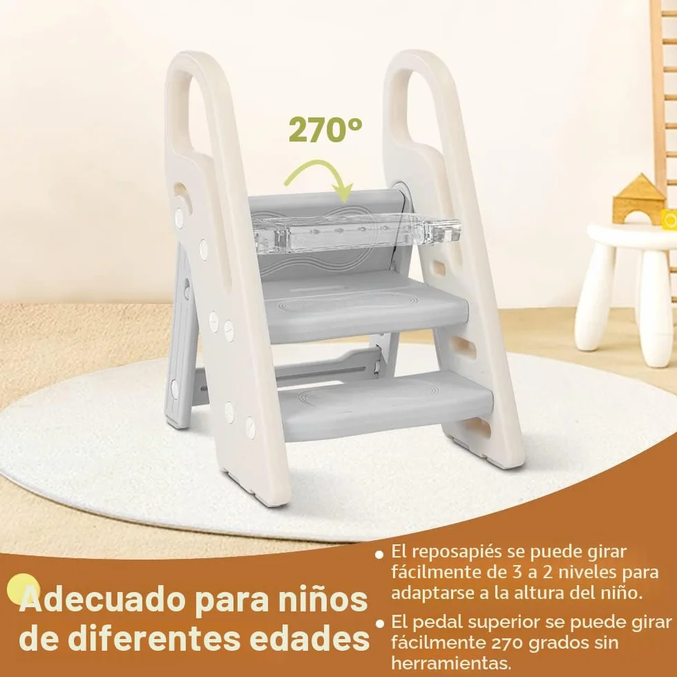 Onasti Taburete Plegable Infantil 3 Peldaños, Asiento Entrenamiento Inodoro Ajustable Antideslizante Gris