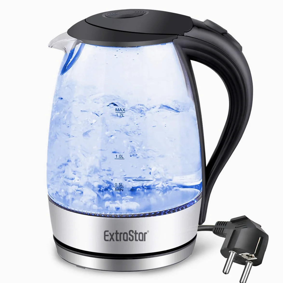 EXTRASTAR Hervidor de agua eléctrico, hervidor con luz indicadora LED azul, hervidor eléctrico sin BPA con apagado automático y protección contra ebullición en seco Acero Inoxidable 1.7L