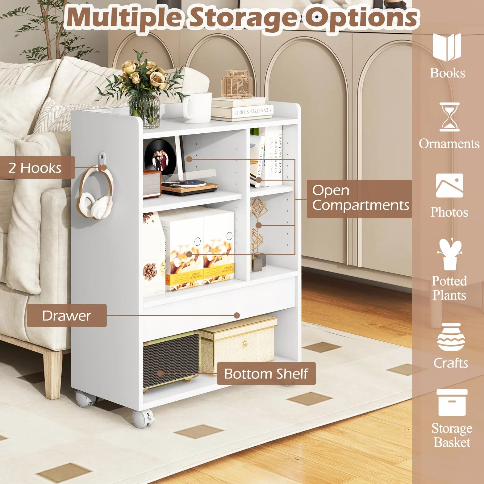 KOMFOTTEU Archivador Móvil con Ruedas, Soporte para Impresora con Cajón, Estantes Ajustables, Gancho, Mueble de Almacenamiento para Salón, Estudio, Oficina, 63,5 x 30 x 84,5 cm (Blanco)