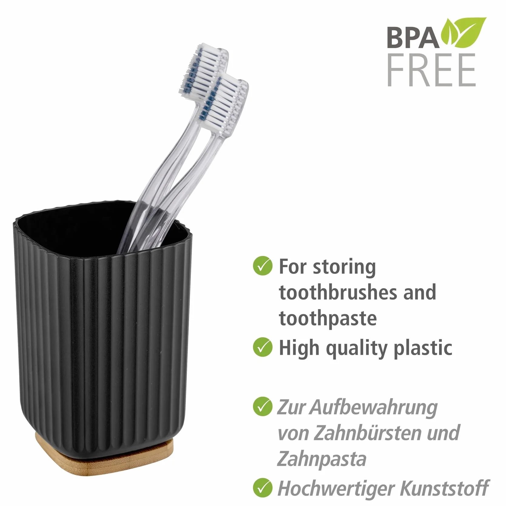 WENKO Vaso para cepillo de dientes Rotello, de plástico, para cepillos de dientes, y base de bambú, para guardar utensilios, con estructura acanalada de fácil sujeción, Ø 8,6 x 11,1 cm, negro/natural