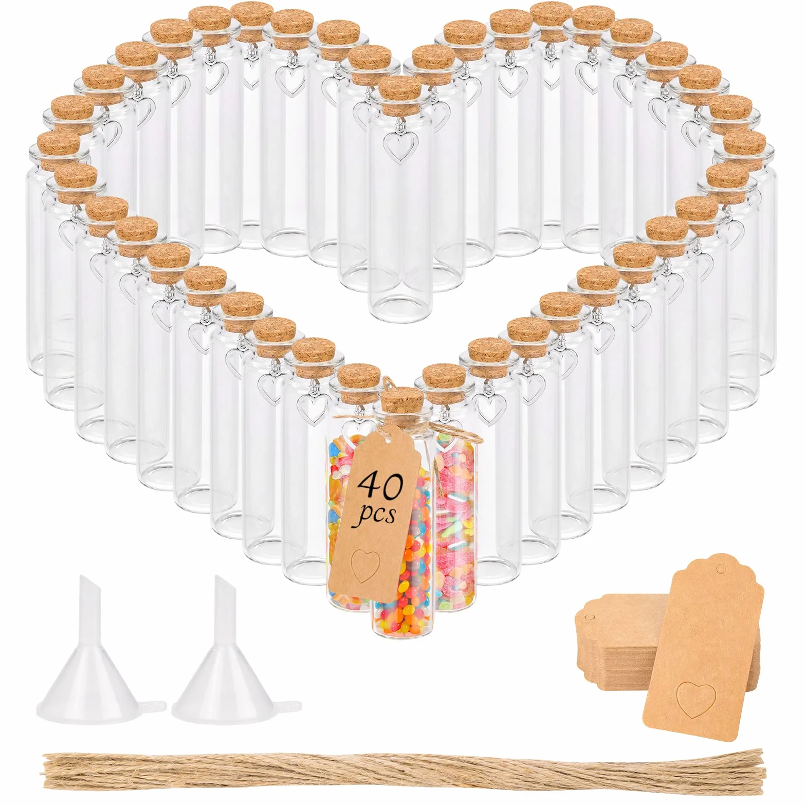 40 Piezas Mini Botellas de Cristal, 20ml Botes Cristal Pequeños con Tapon Corcho, Botellitas Frascos de Vidrio con Colgante en Forma de Corazón, Regalitos Invitados Bodas Decoración Fiesta