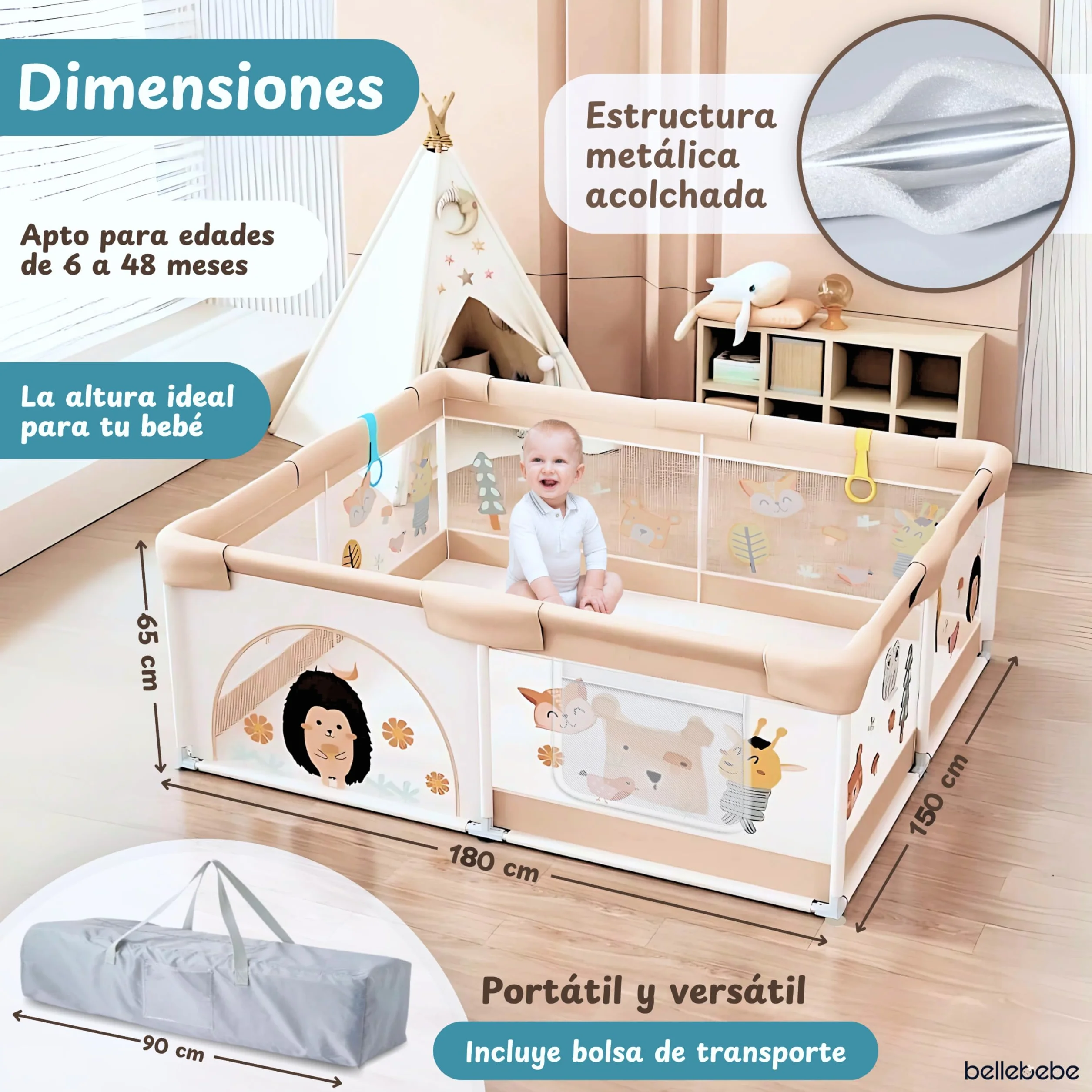 BELLEBEBE Parque Infantil Bebe 150x180cm Corralito Plegable con Alfombra Acolchada y Bolas
