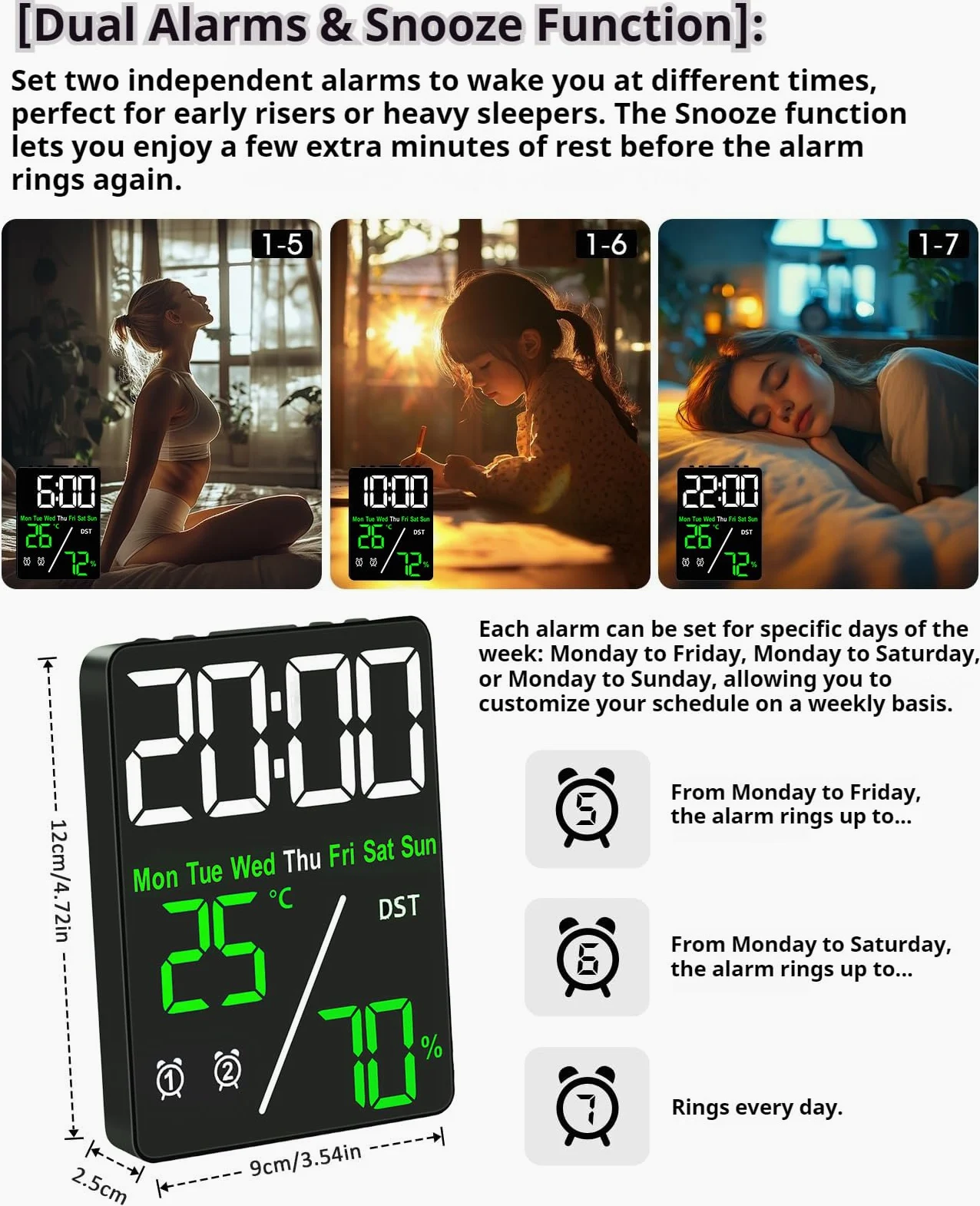 Reloj despertador digital LED con termohigrómetro, alarmas duales, repetición, visualización de fecha y año, interruptor de 12/24 horas, días de semana, DST, regulable automáticamente con 3 niveles de
