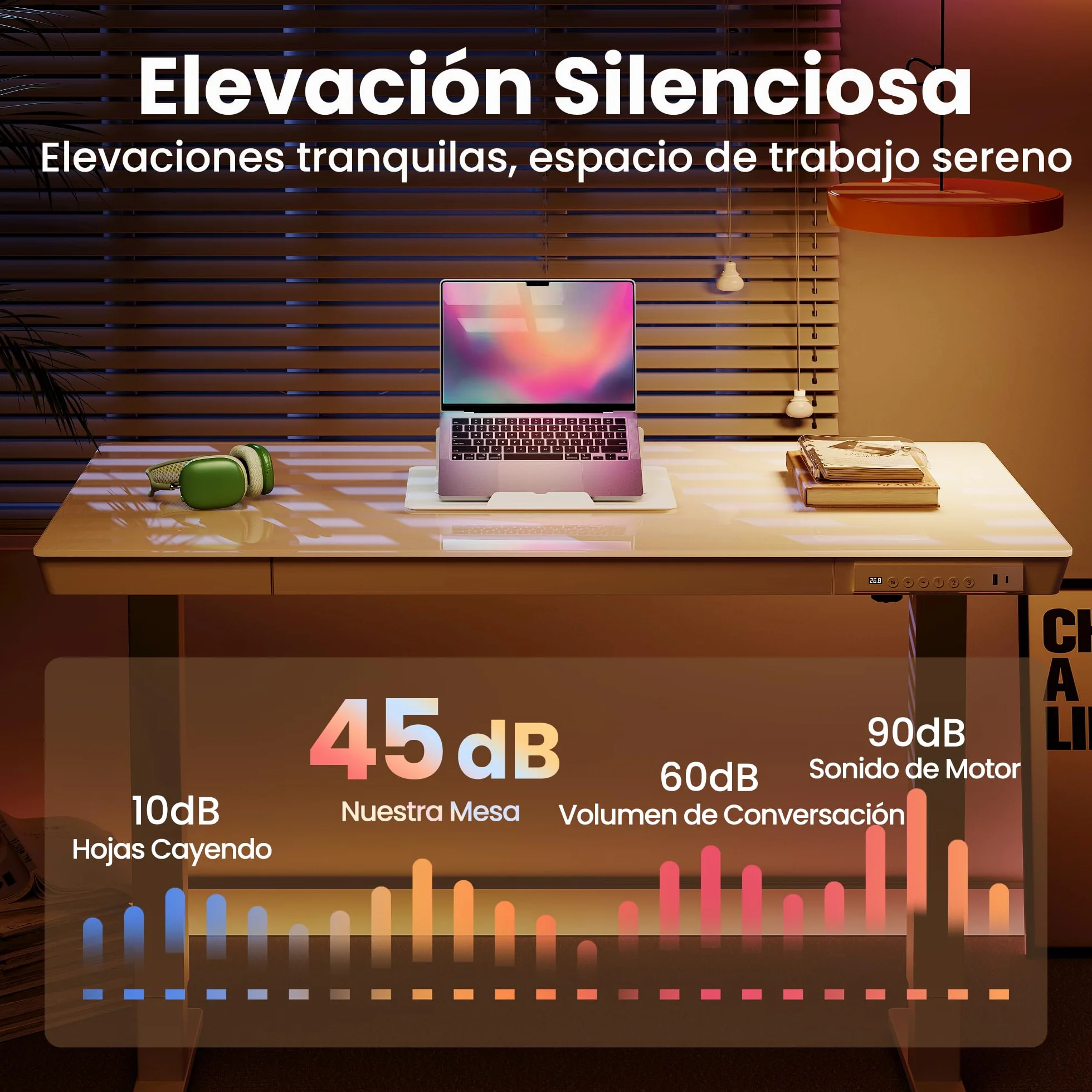 HUANUO 88 x 50 cm Escritorio Elevable, Mesa Elevable de Vidrio con Cajón, Puerto Carga USB y Panel Inteligente de 3 Memorias, Vidrio Blanco
