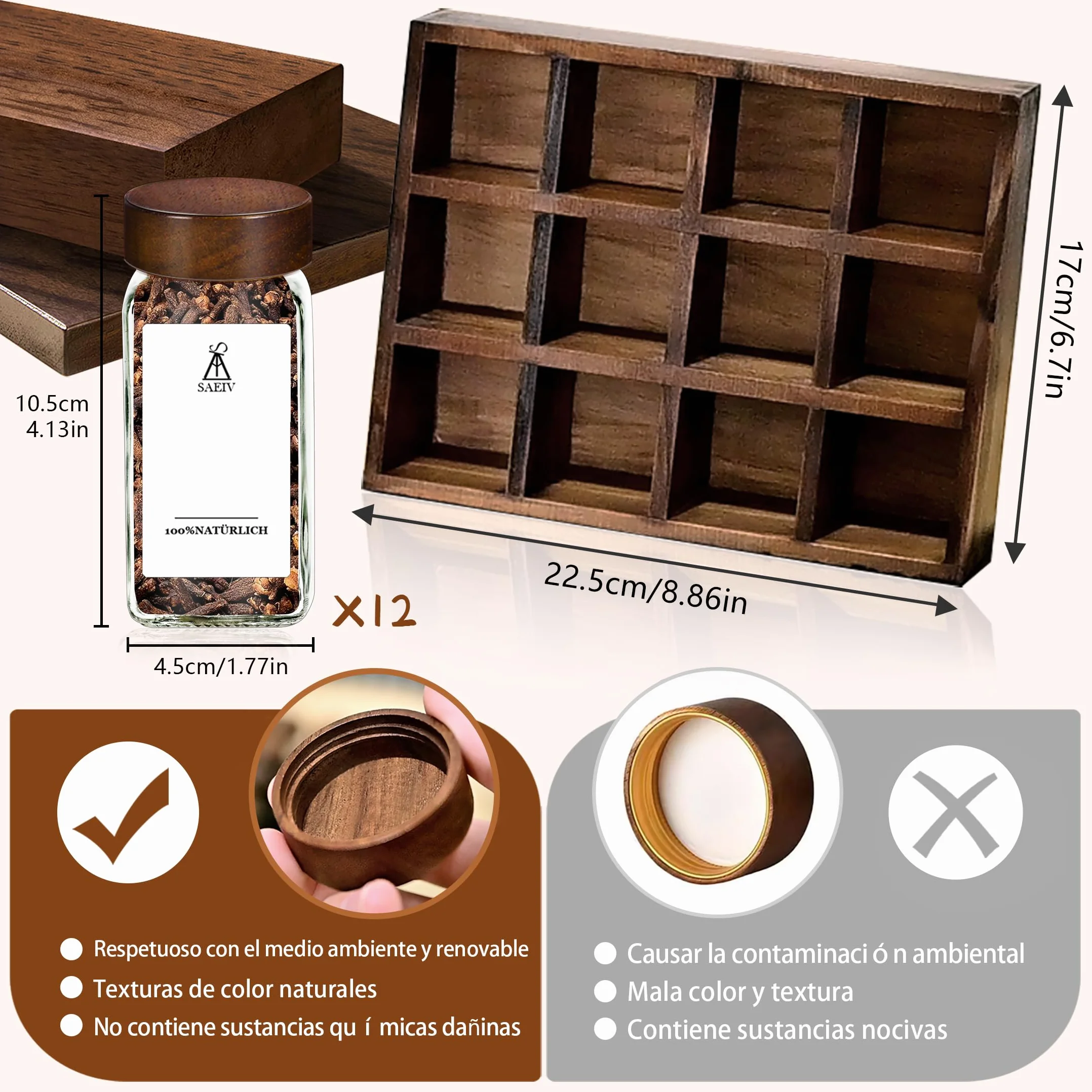 SAEIV Especiero Madera,(12 x 120 ml) Botes Especias, Elegante Organizador Cocina, Especiero Cajon, Organizador De Especias Cocina