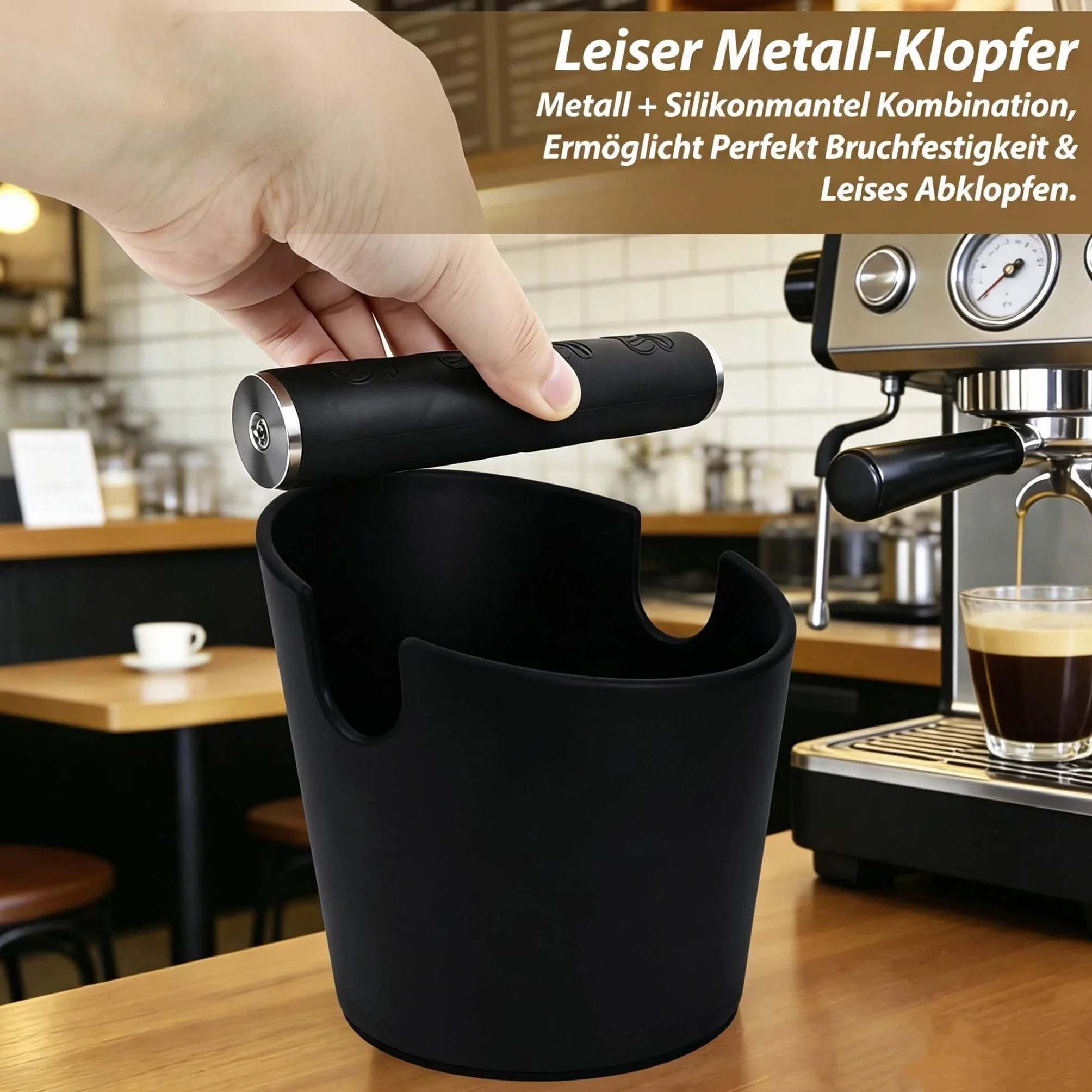Coffee Knock Box, 12 x 12cm Cajon Posos Cafe, Caja para Posos de Café, Tapete de Prensado Antideslizante con Cepillo, Accesorio para Cocina y Cafetería, Negro