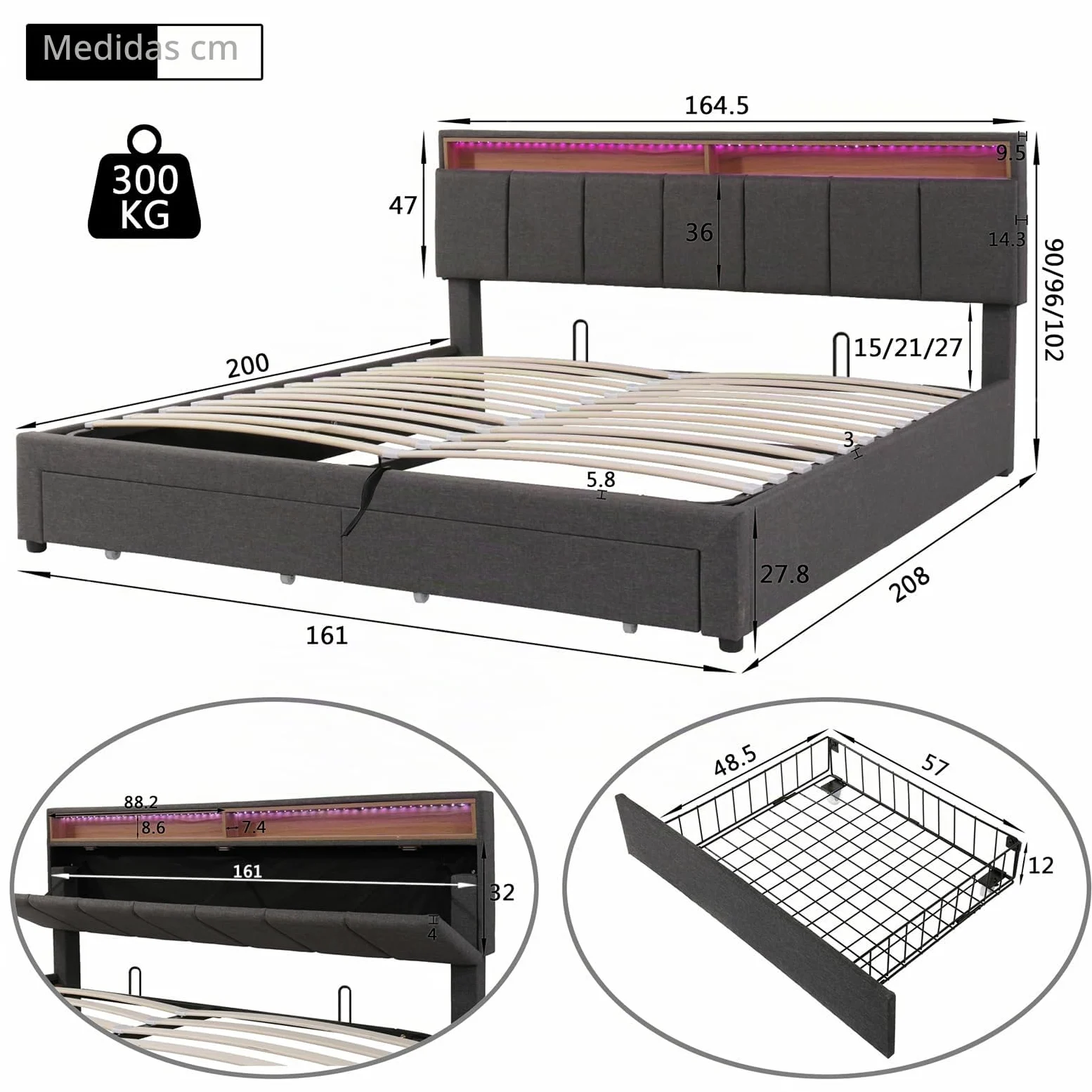 Cama 160x200 con Somier, Cama Baúl 160x200 con Iluminación LED, Cama Hidráulica Acolchada, Camas 2 Personas con 2 Cajones Almacenamiento, Lino, sin Colchón, Gris