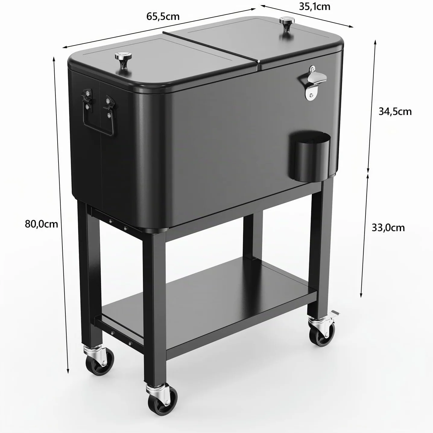Bonnlo Carro de Servicio de 57L con Ruedas, Carro Auxiliar, Enfriador de Patio, Caja de Enfriamiento, Enfriador de Bebidas con Abrelatas, Ideal para Fiestas y BBQs, 35,5 X 66 X 81 cm, Negro