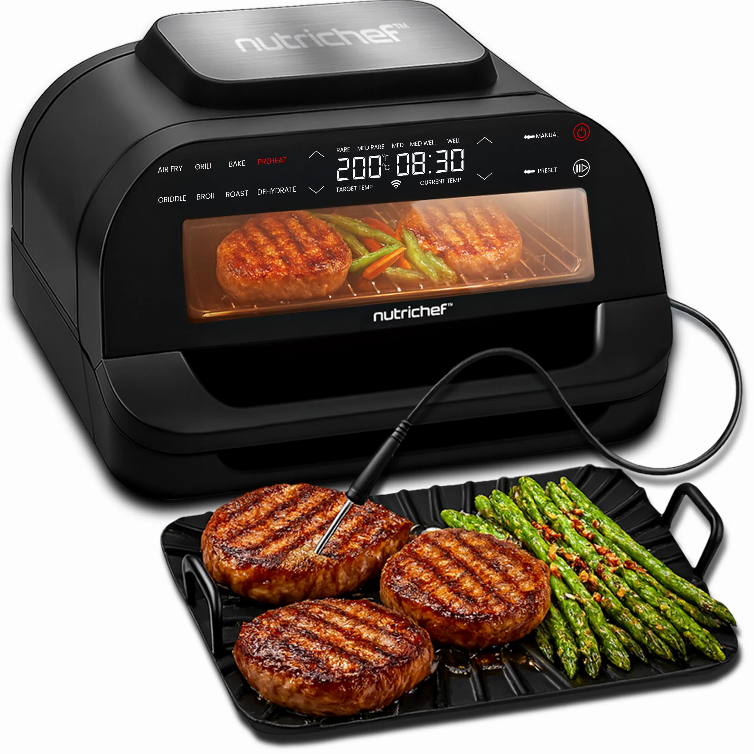 NutriChef Parrilla Electrica de Interior y Freidora de Aire 7 en 1 sin Humo, 6L, Termometro Integrado, Control de Temperatura, Placas Antiadherentes Desmontables
