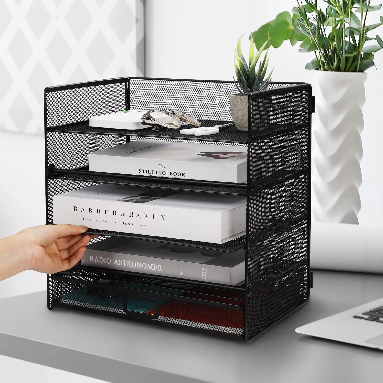 Cinnani Organizador de escritorio,bandeja de papel de 5 niveles con cajón, organizador de compartimentos de almacenamiento con carpetas,cartas,papel,bandeja organizadora de escritorio de metal (negro)