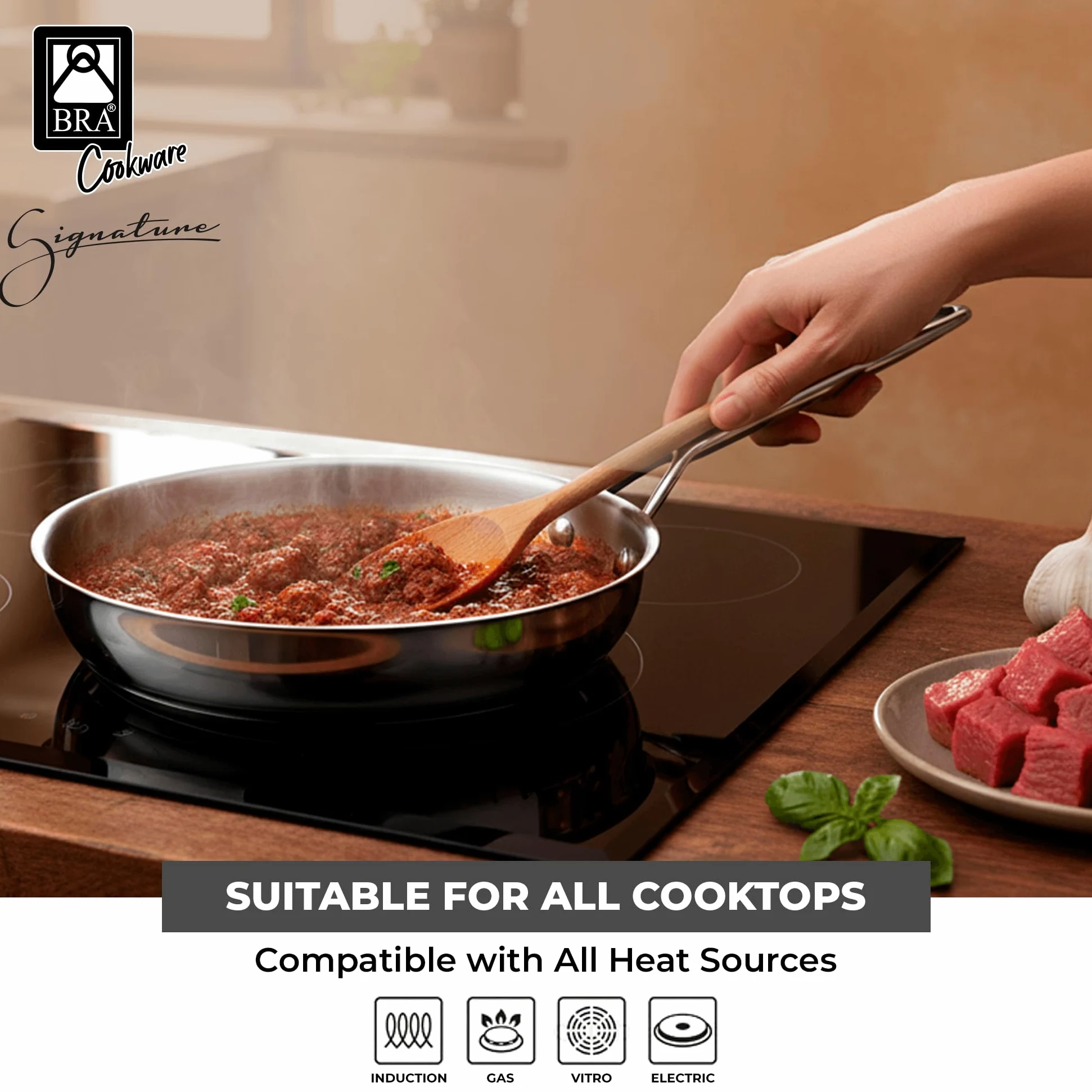BRA Sarten Acero Inoxidable Signature 26 Cm Induccion | Sartén grande de acero inoxidable para cocinas de inducción y otras fuentes de calor con base de difusor triple de 5,3 mm.